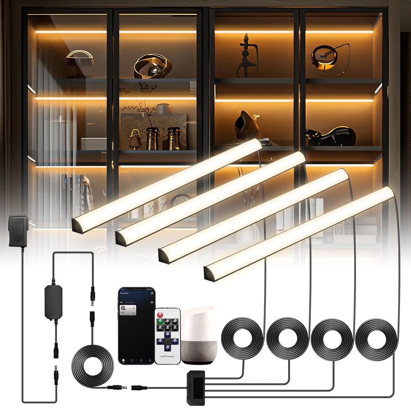 Lumtide Black Shelf Lights, LED Bookcase Lighting Compatible with Alexa, WiFi Dimmable 2700K Under Shelf Lighting for Bookshelf, Display Case, Cabinets with App, Remote, Memory Function (4Pack 12In)