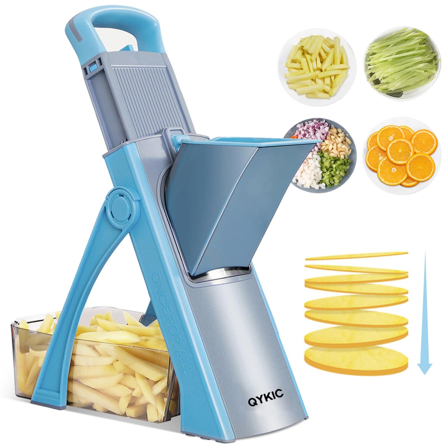 QYKIC Upgrade Safe Mandoline Slicer for Kitchen, Vegetable Chopper and Slicer, Potato Slicer Thickness Adjuster, French Fry Cutter, Veggie Onion Dicer Faster Kitchen Mandolin for Meal Prep (Blue)