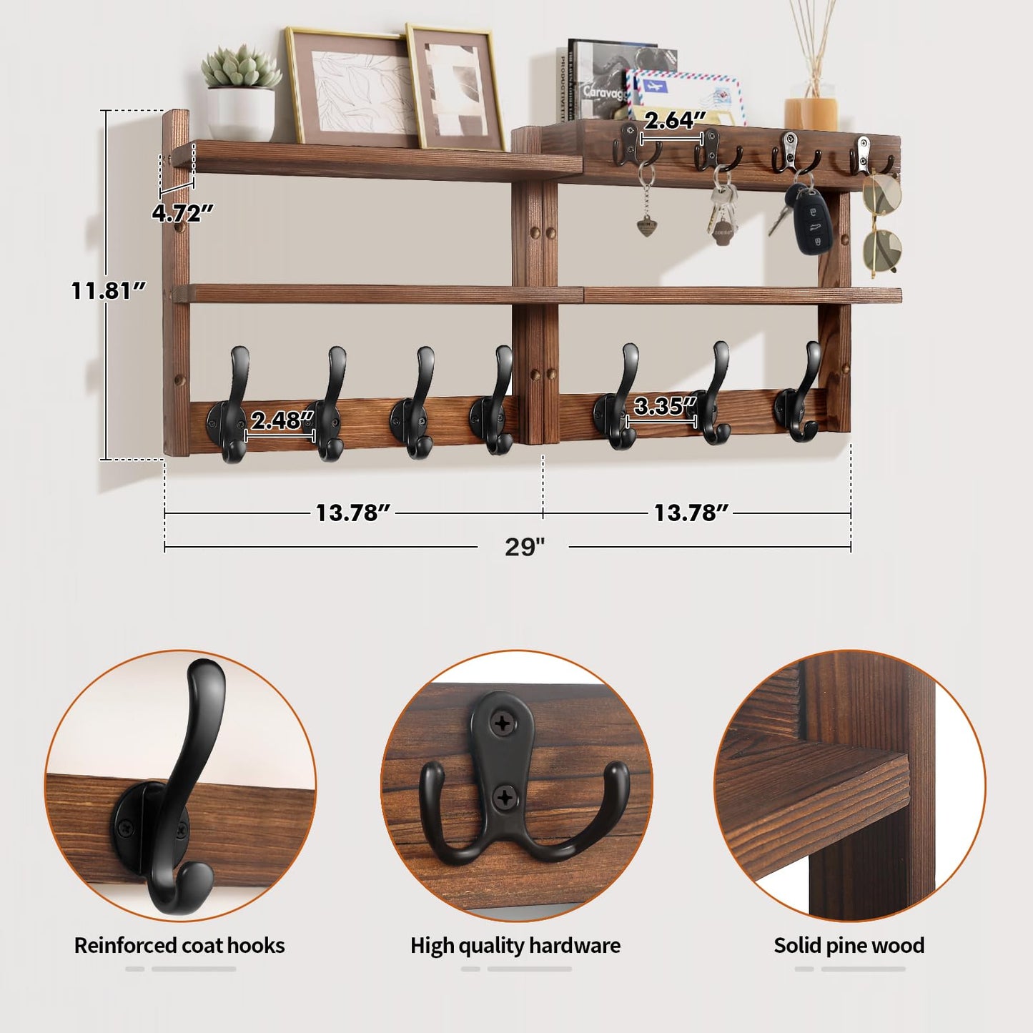 29" Coat Rack Wall Mount with Shelf, Pine Two-Tier Wall Shelf Mounted Coat and Key Hanger with 7 Heavy Duty Hooks 4 Key Hooks, Entryway Key Holder with Mail Holder for Bedroom,Living Room (Brown)