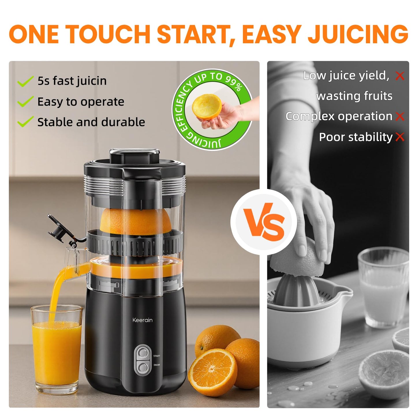 Keerain Electric Orange Juicer, Hand-Free Citrus Juicer Machine with Cleaning Brush, High-Performance Automatic Juice Squeezer for Lemon, Lime, Grapefruit, Pomegranate, Easy to Clean & Use