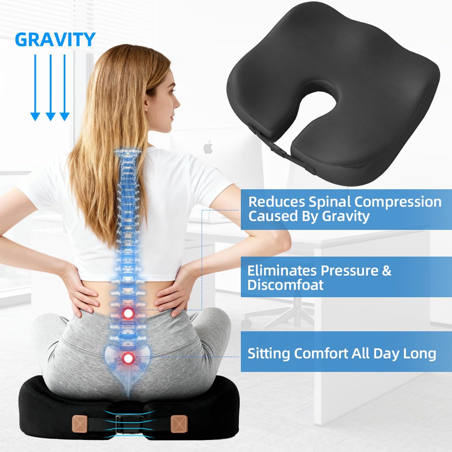 Seat Cushions for Office Chairs, Dense Seat Cushion for Tailbone & Sciatica Pain Relief – Certified, Ergonomic Memory Foam Seat Cushion for Office Chair, Car, Wheelchair, All-Day Comfort (Black)