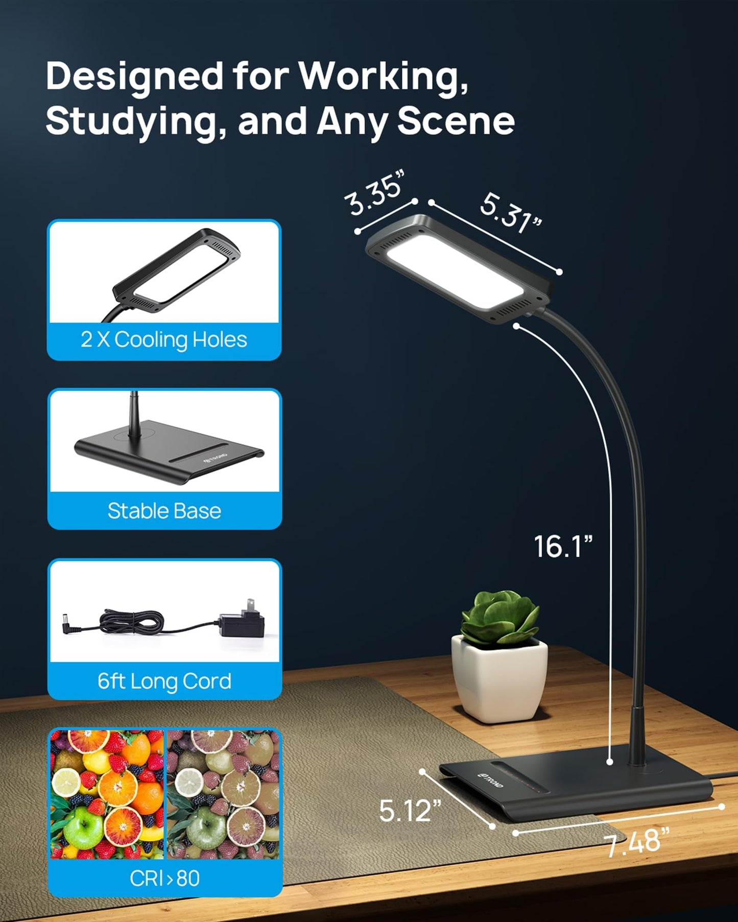 TROND Desk Lamp, Bright Dimmable Eye-Caring Table Lamp, 3 Color Modes 7 Brightness Levels, Flexible Gooseneck, Touch Control, Memory Function, Desk Light for Home Office Dorm Room Essentials, Black