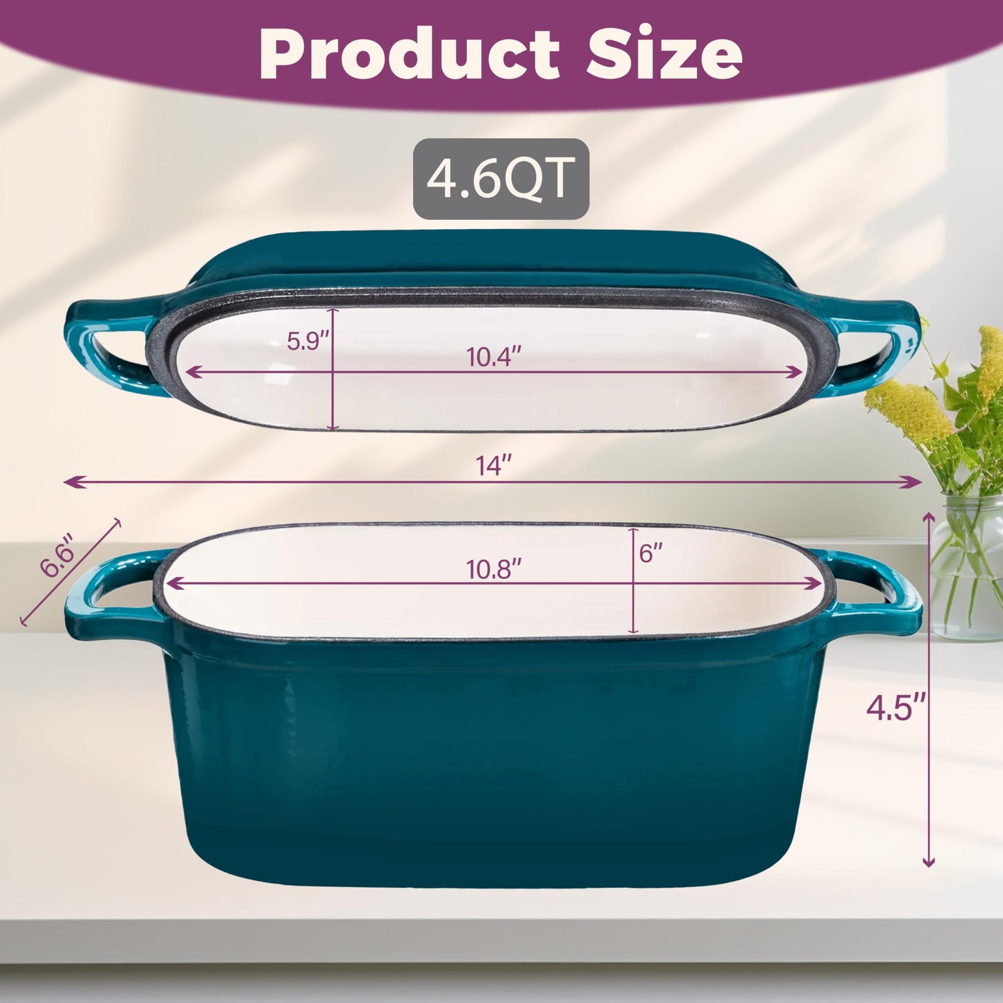 Vanderlume 4.6-Quart Oval Dutch Oven for Bread Baking, 2 in 1 Enameled Cast Iron Bread Pan with Lid, Sourdough Bread Dutch Oven for a Crispy Crust, Teal
