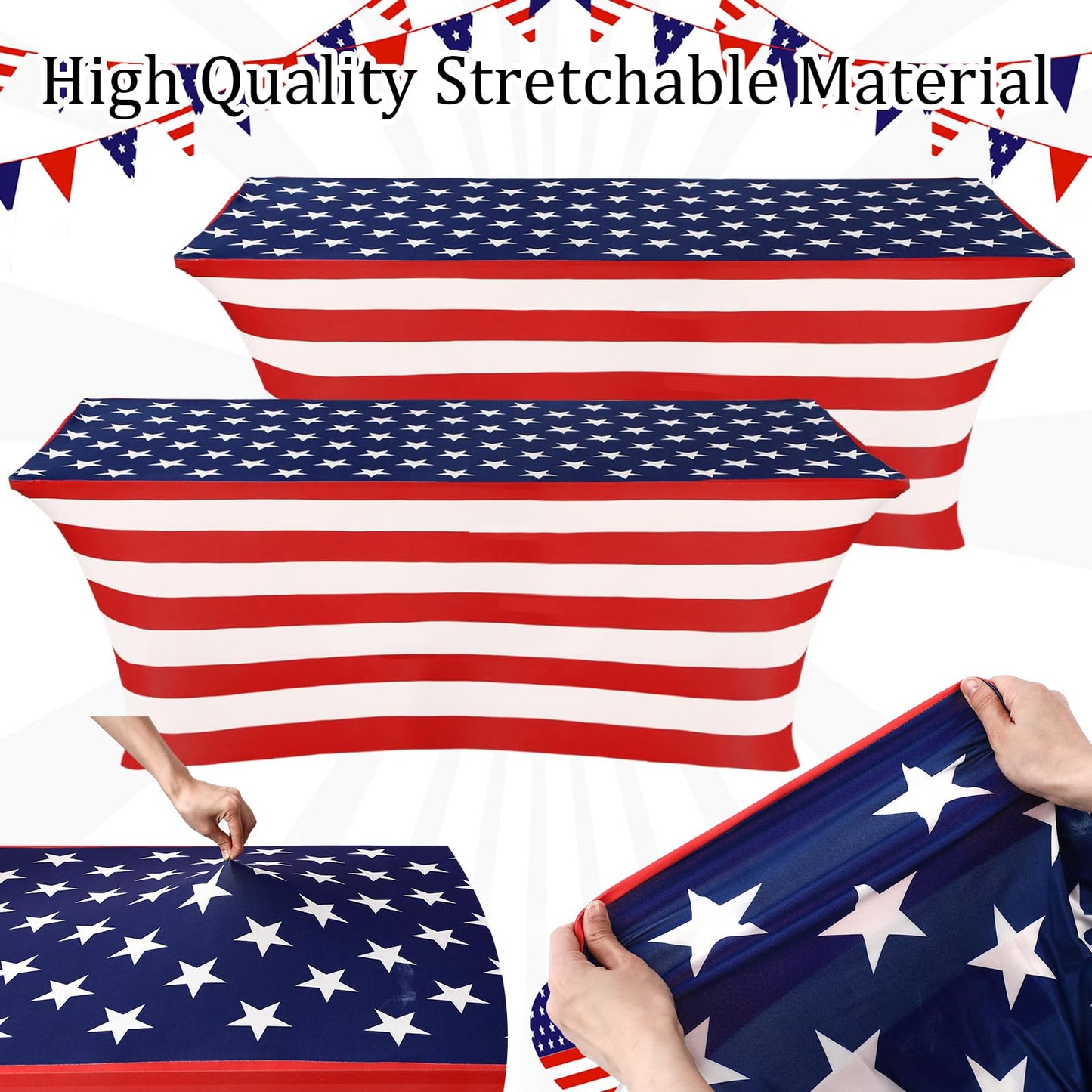 Oudain 2 Pcs 4th of July Table Cover Stretch Tablecloth 6 Feet Red White and Blue Star Memorial Day Spandex Table Clothes Patriotic Party for 250th Anniversary Independence Day Party Celebration