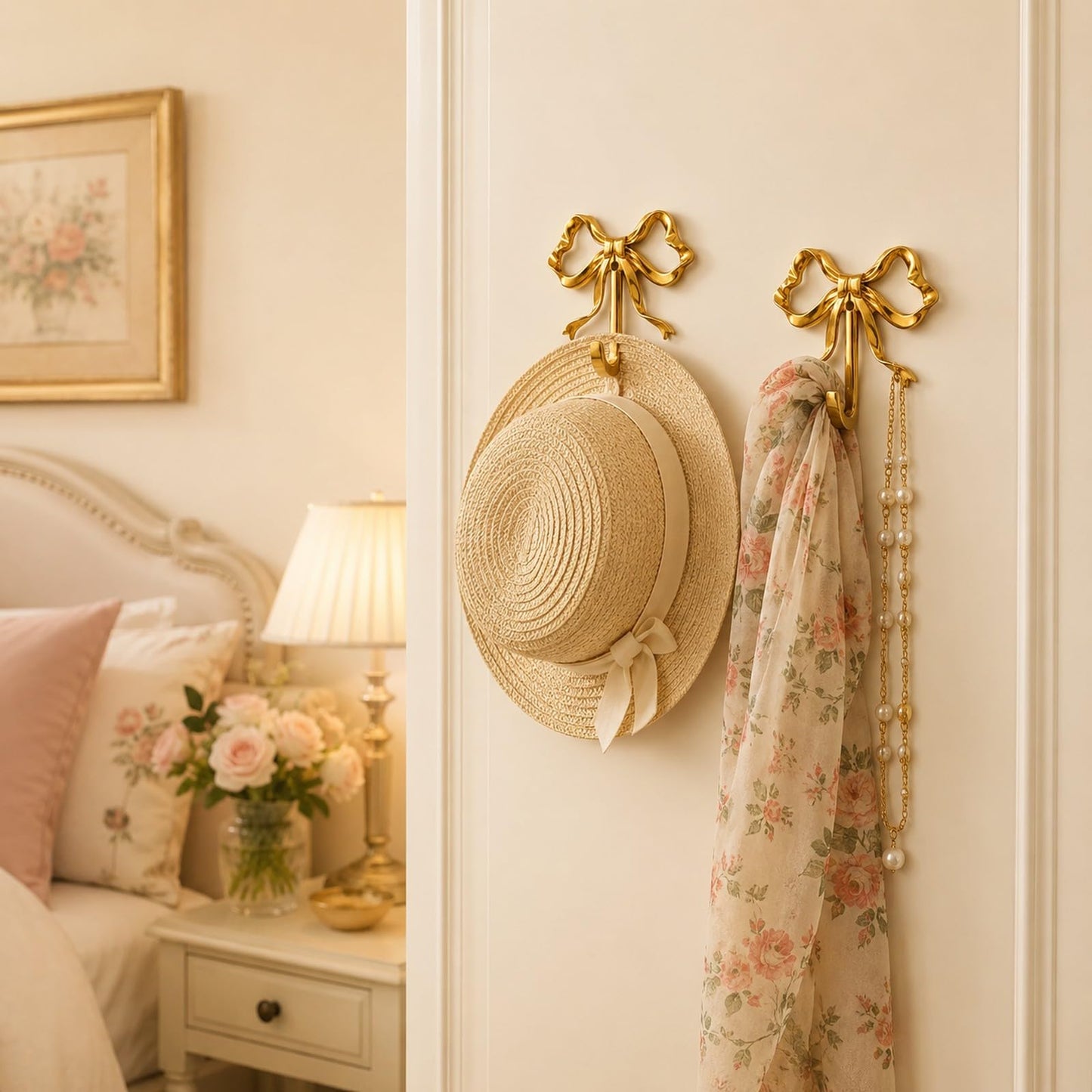 LOGOFUN 2pcs Gold Bow Wall Hooks Brass Bow Hooks for Hanging Coat Hat Towel Key Decorative Brass Bowknot Wall Mount Hooks for Bathroom Bedroom Living Room Large (3.62X3.54X0.79in / 9.20X9.00X2.00cm)
