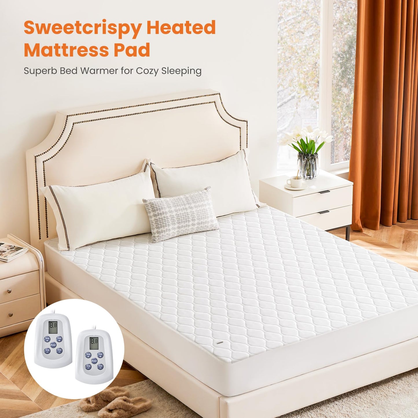 Sweetcrispy Heated Mattress Pad Queen Size (80×60″) – Dual Zone Electric Bed Warmer, 12 Adjustable Heat Settings, 12‑Hour Auto Shut‑Off, Machine Washable, ETL Certified