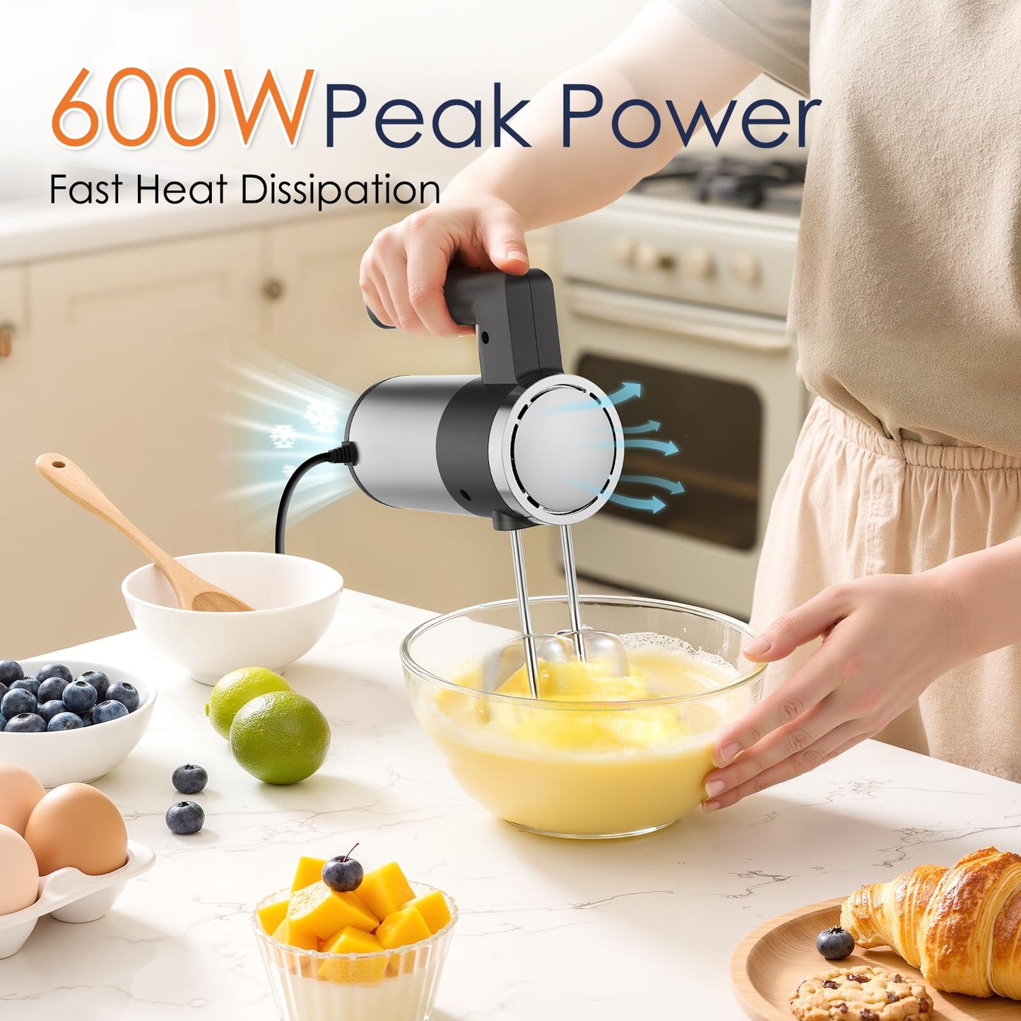 CHIDOLL 600W Hand Mixer, 5-Speed Electric Hand Held Mixer for Baking, Lightweight Stainless Steel Hand Beaters *2 & Dough Hooks*2 with Eject Button, Kitchen Mixer for Cream, Cookies, Dough