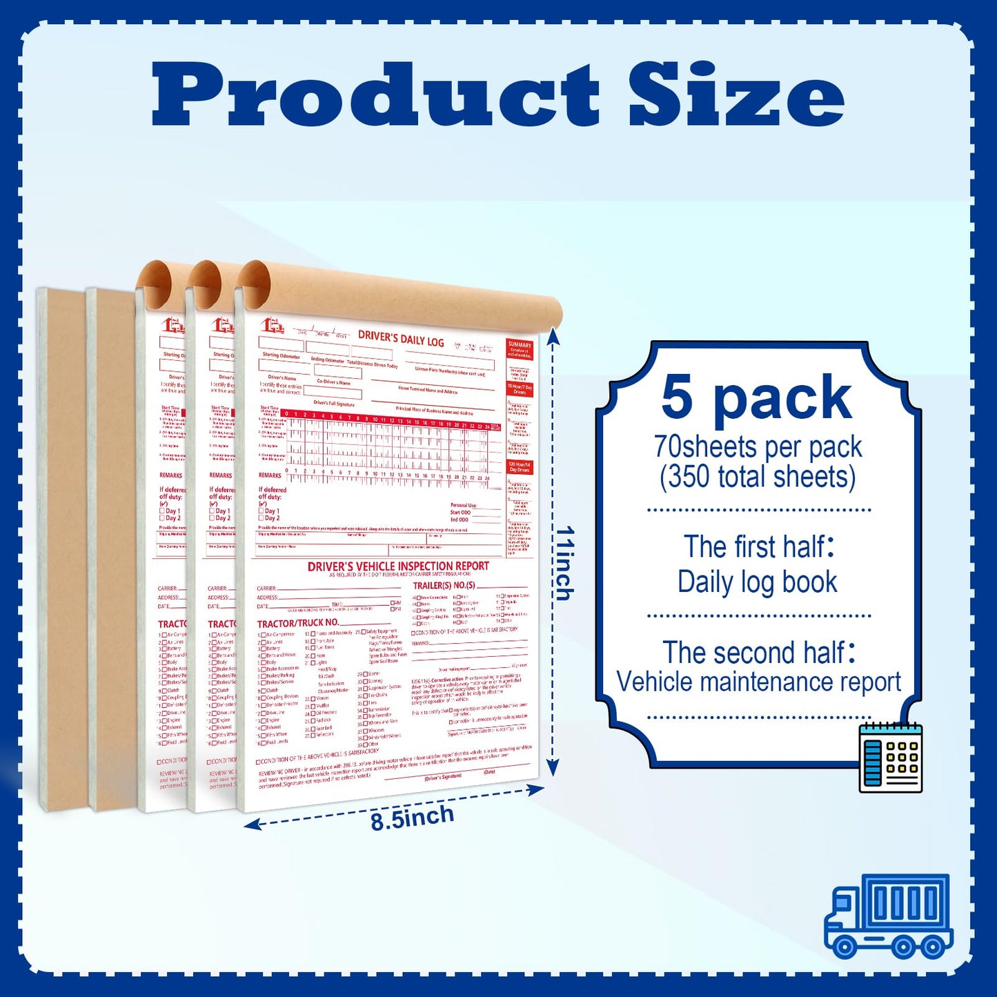 5 Pcs 8.5x11inch 2-in-1 Driver Log Books for Truckers Dot Log Book Driver Vehicle Inspection Report Log Books with Detail Backup Truck Inspection Forms 2-Ply Carbonless for Drivers （Large Size)