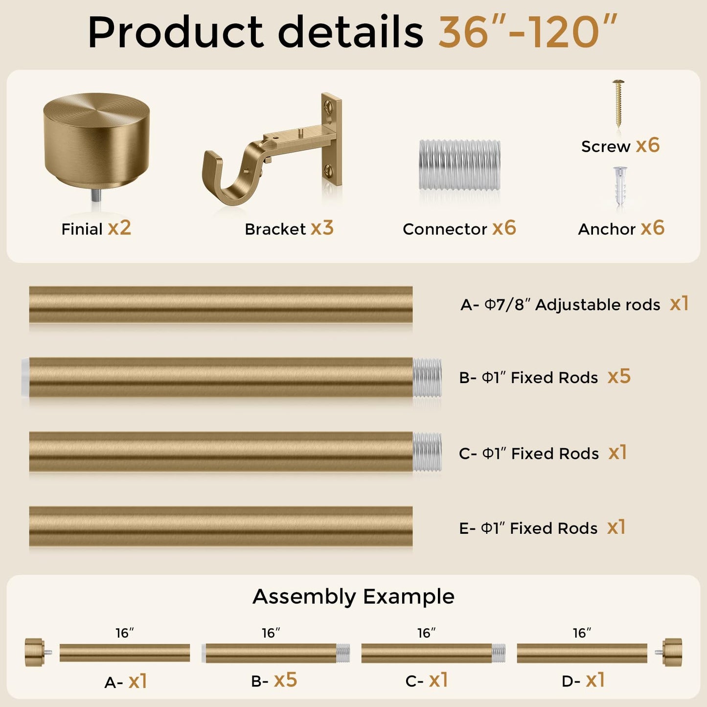 Wolistsa Brass Gold Curtain Rod 34-124 Inch, Brushed Warm Gold 1” Adjustable Long Heavy Duty Curtain Rods for Windows, Decorative Antique Bronze Window Treatment Rods with Modern Solid Aluminum Finial
