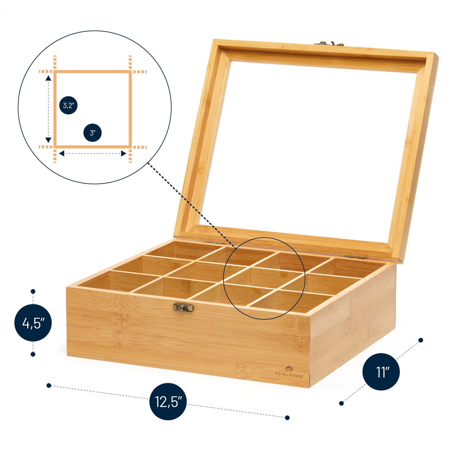 RoyalHouse Big Natural Bamboo Tea Storage Organizer with Clear Acrylic Top Window, 12 Compartments Eco-Friendly Tea Bag Holder, Multi-Functional Storage Box