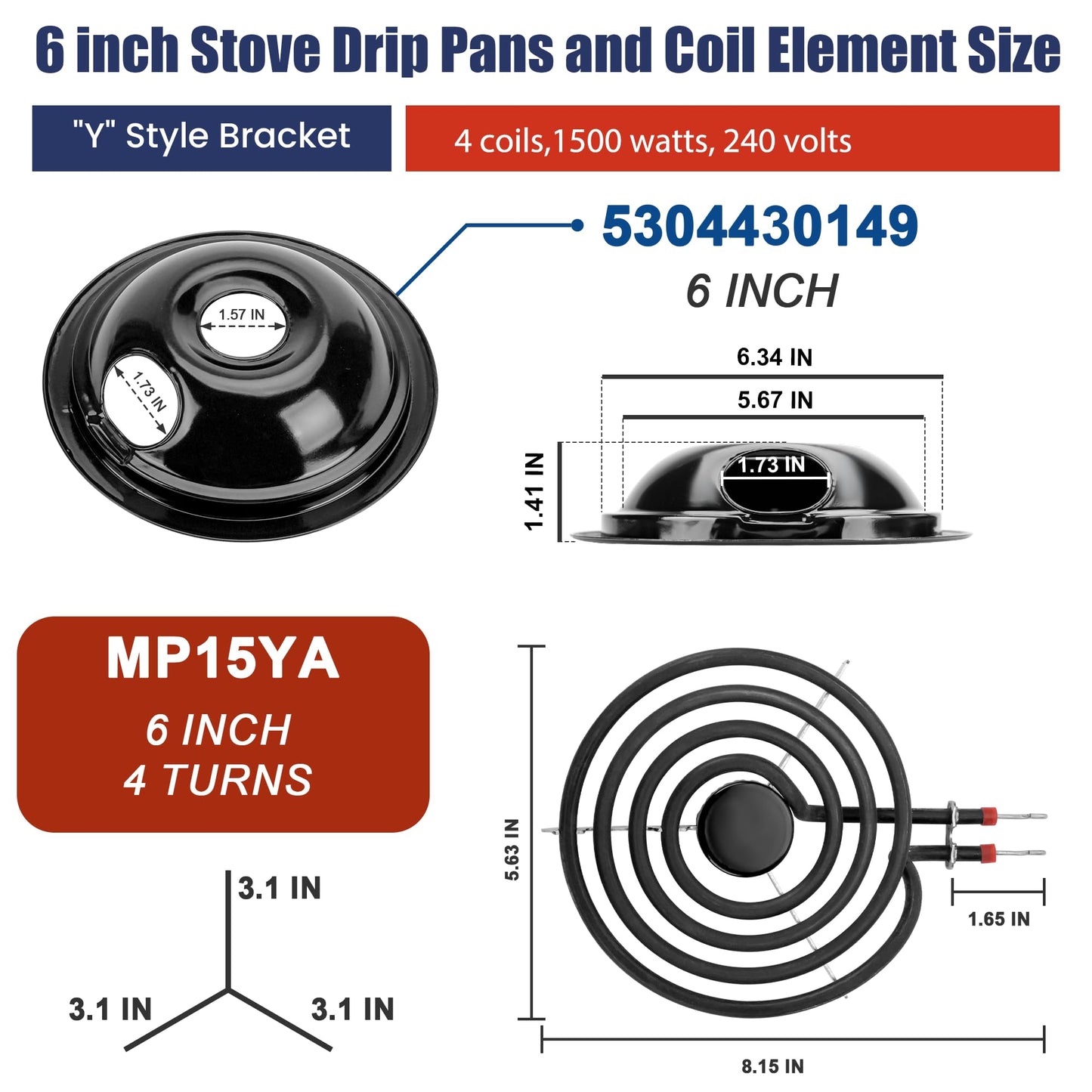 5304430149 5304430150 Black Porcelain Drip Pan & MP22YA Electric Stove Burner Replacement for F-rigidaire/Ken-more/T-appan, 318067041 318067051 Stove Drip Pans & Stove Burner Replacement by Fetechmate