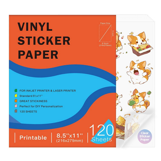 120 Sheets Premium Printable Clear Vinyl Sticker Paper for Inkjet Printers 8.5x11 Inch Waterproof & Vibrant Colours Retains Ink Well Tear Resistant Great for Cutting Machines