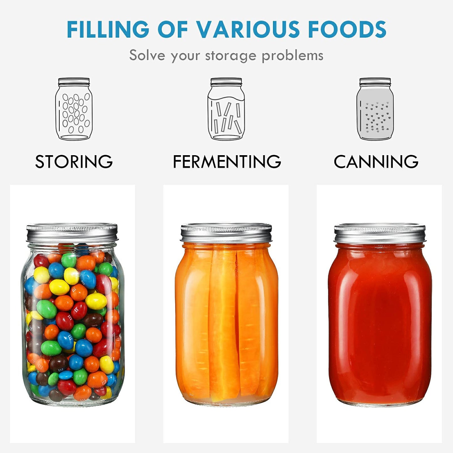 YEBODA 6 Pack Wide Mouth Mason Jars 32oz Glass Canning Jars with Airtight Lids and Bands for Preserving, Jam, Honey, Jelly, Wedding Favors, Sauces, Meal Prep, Overnight Oats, Salad, Yogurt