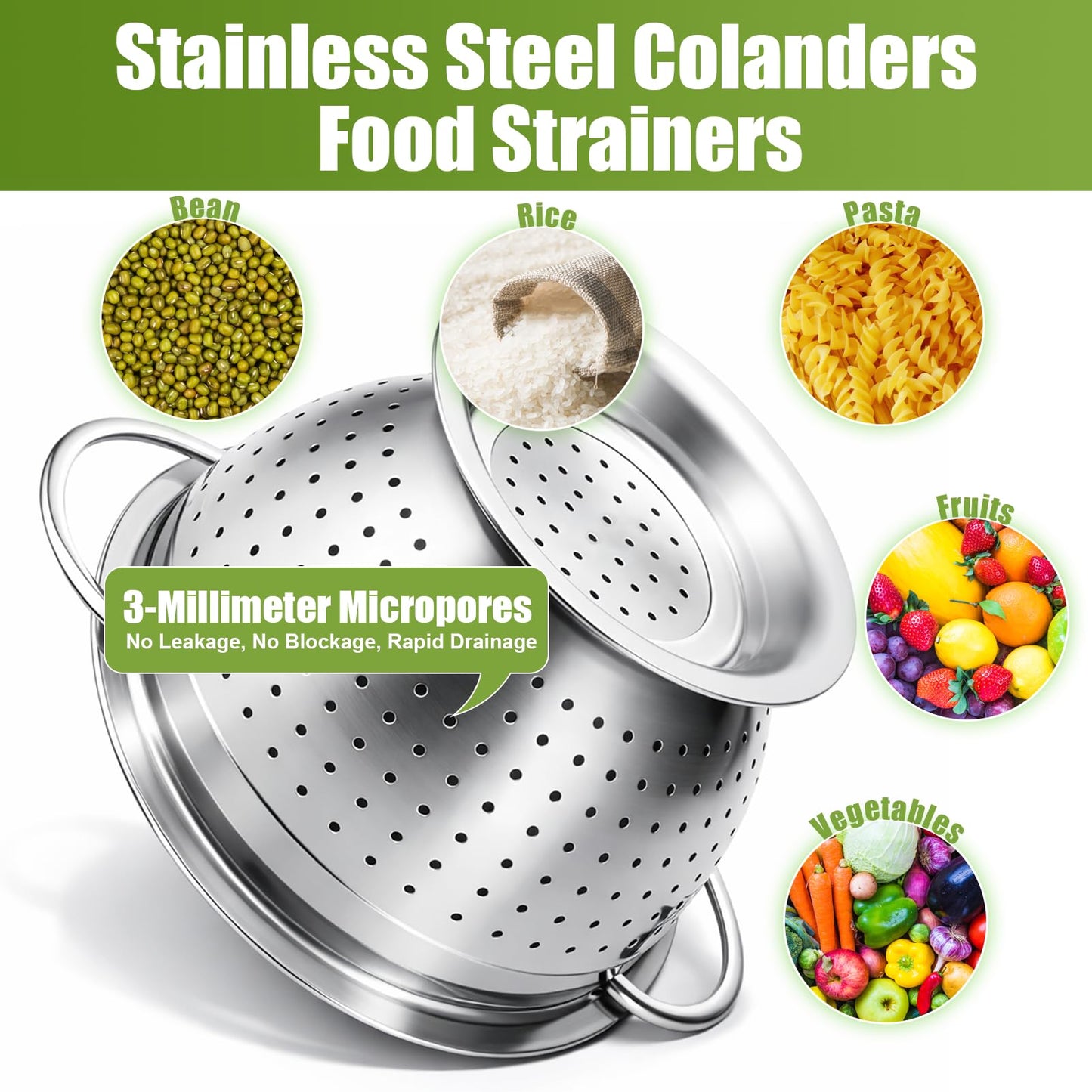 Palksky Stainless Steel Colander Set with Handles & Self-Draining Base, 3 Sizes (7”, 9”, 11”), Heavy Duty Pasta Strainer, Rice & Vegetable Strainer, Countertop Draining System