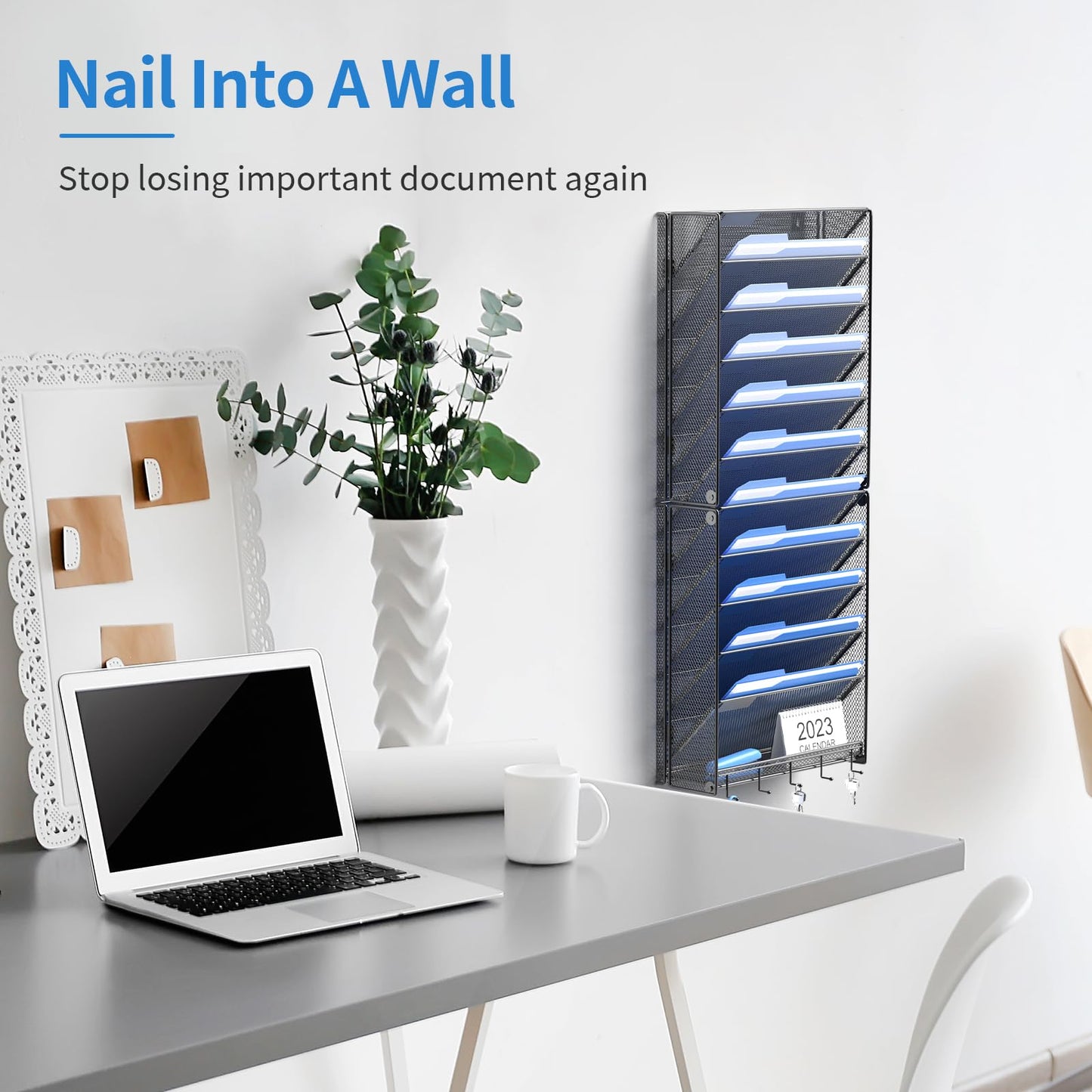 OUTWOLF Hanging Wall File Organizer with Hooks, 12 Tier Vertical Wall Mount File Holder, File Folder Wall Organizer for Office