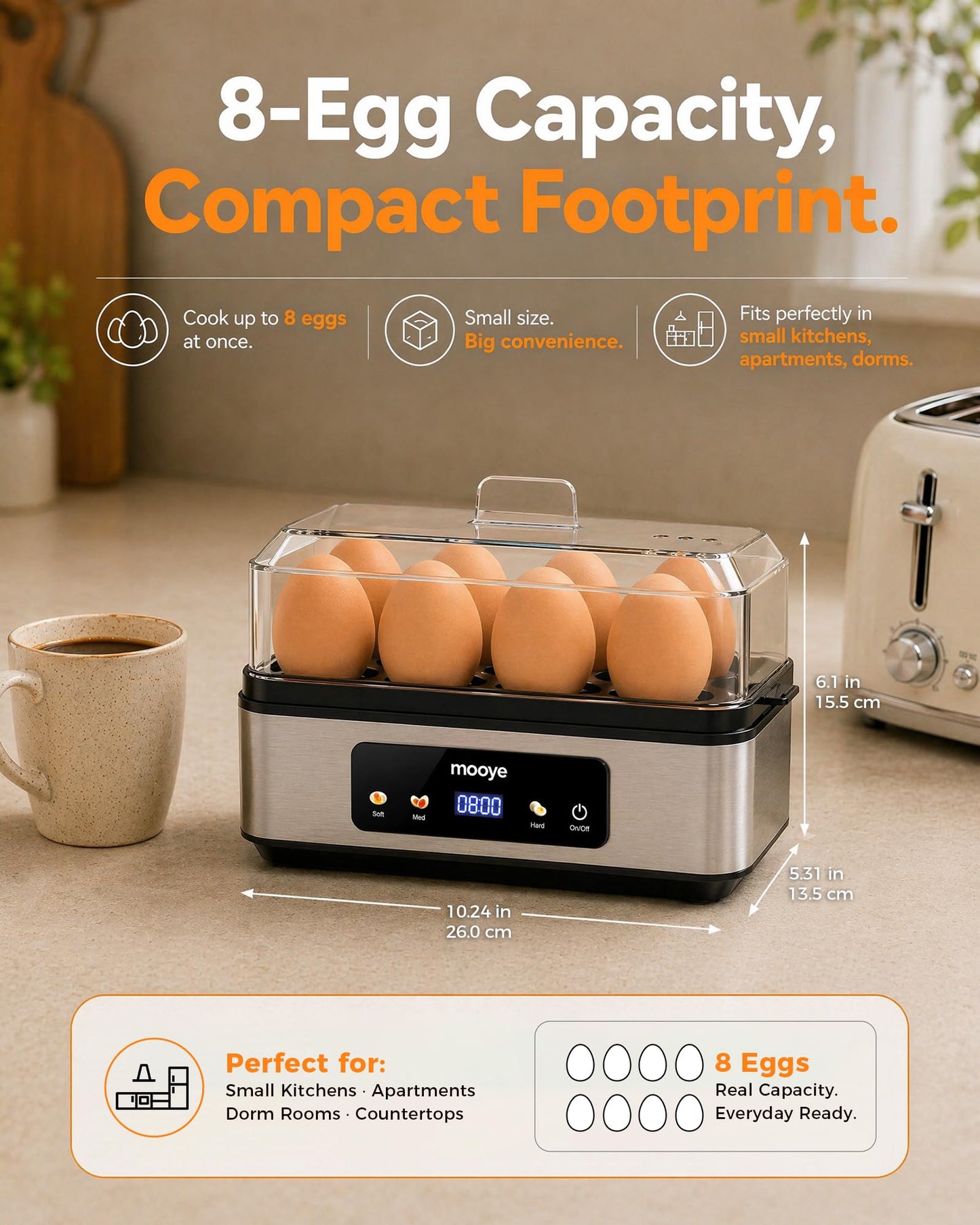 Mooye Rapid Egg Cooker for Hard Boiled Eggs, Electric Egg Steamer 3 IN 1 Soft Medium Hard Boiled, Egg Maker with Auto Shut-Off, Egg Boiler for Kitchen Breakfast & Fitness, BPA-Free, Holds 8 Eggs