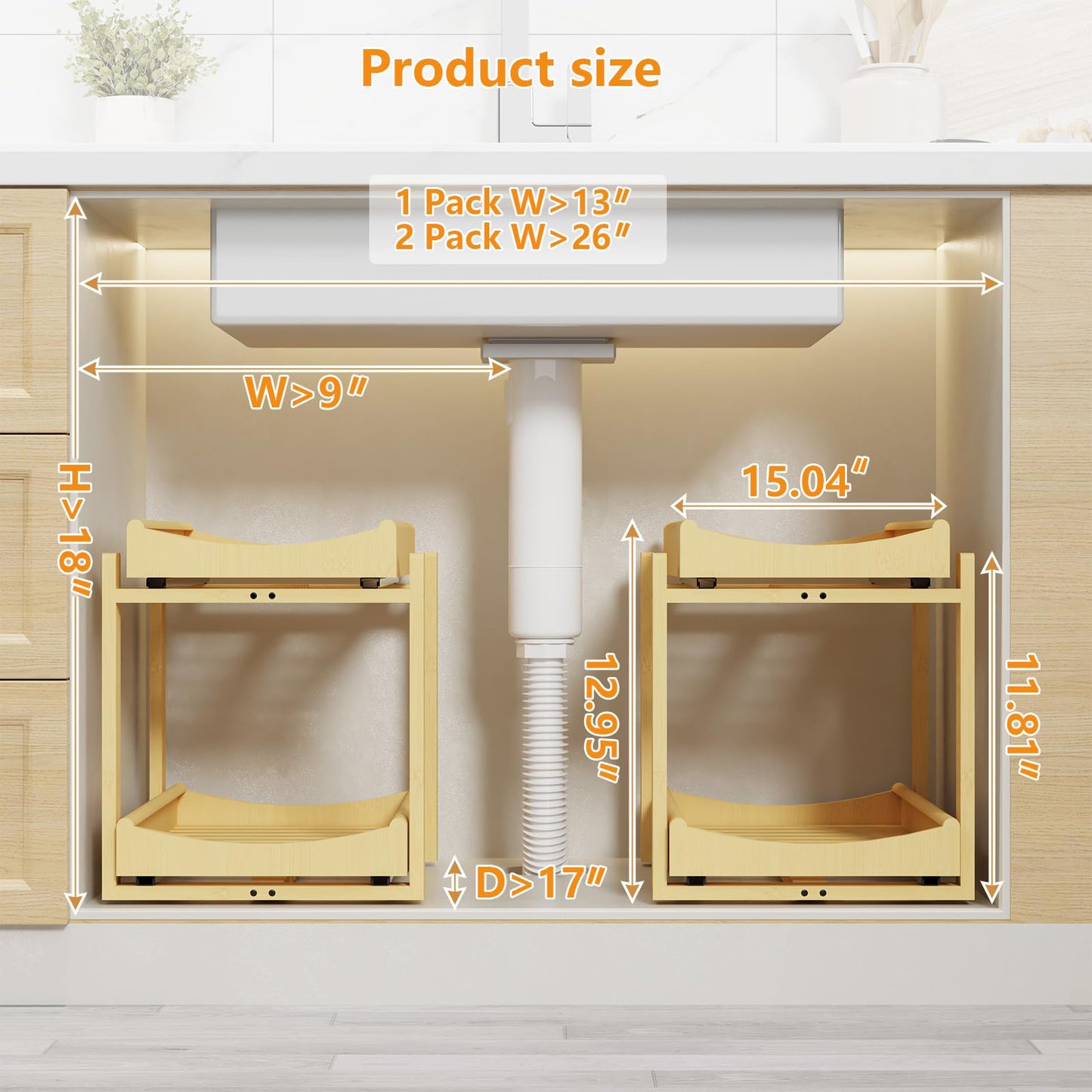 Bamboo Under Sink Organizer Adjustable Height 2 Tier Bathroom Organizer Pull Out Cabinet Storage Kitchen Heave Duty Wood Slide Ou Shelf for Kitchen Bathroom (Black, 2 Packs) (Nature, 2 Packs)