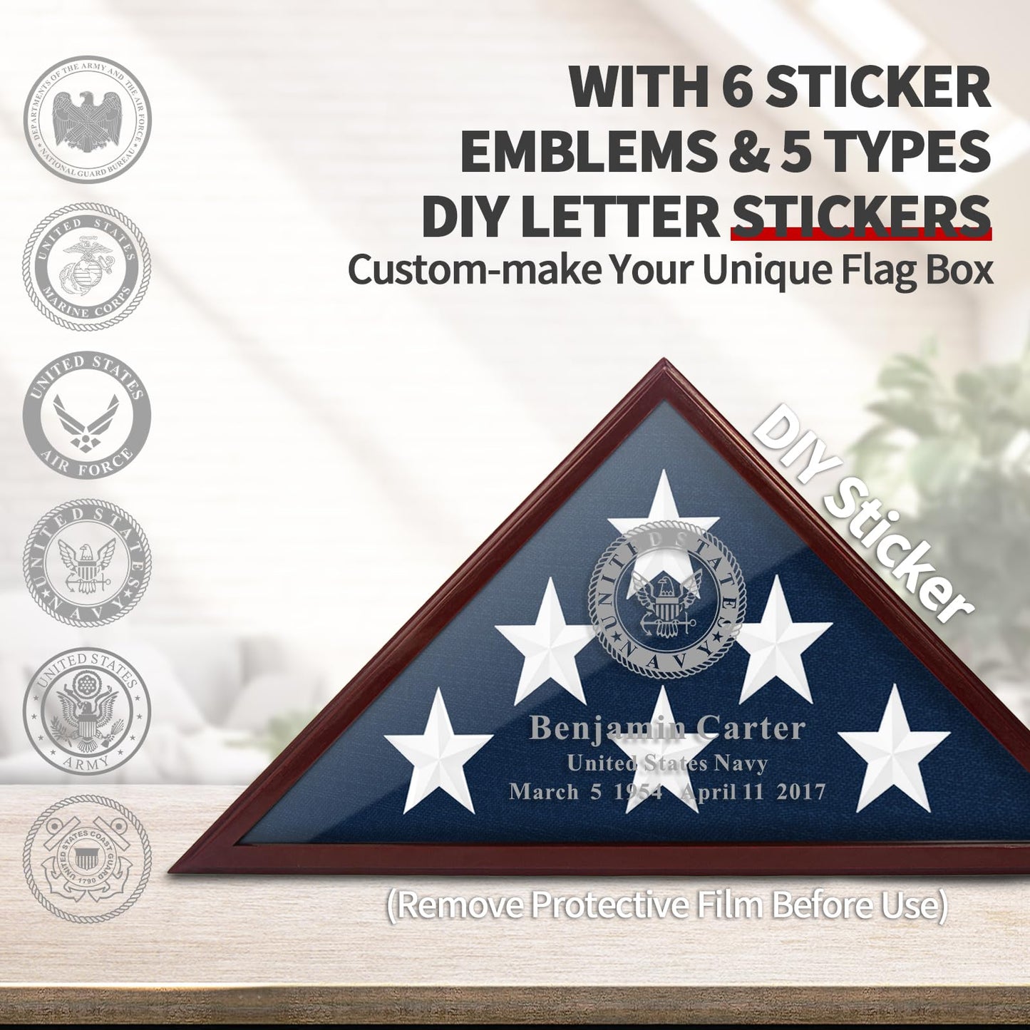 Flag Display Case for 5 x 9.5 ft Folded Burial Flag, Wall Mounted Wooden Flag Case with Custom DIY Stickers Self-Adhesive for Wall or Tabletop, Red Brown Flag Shadow Box for Honoring Military Veteran