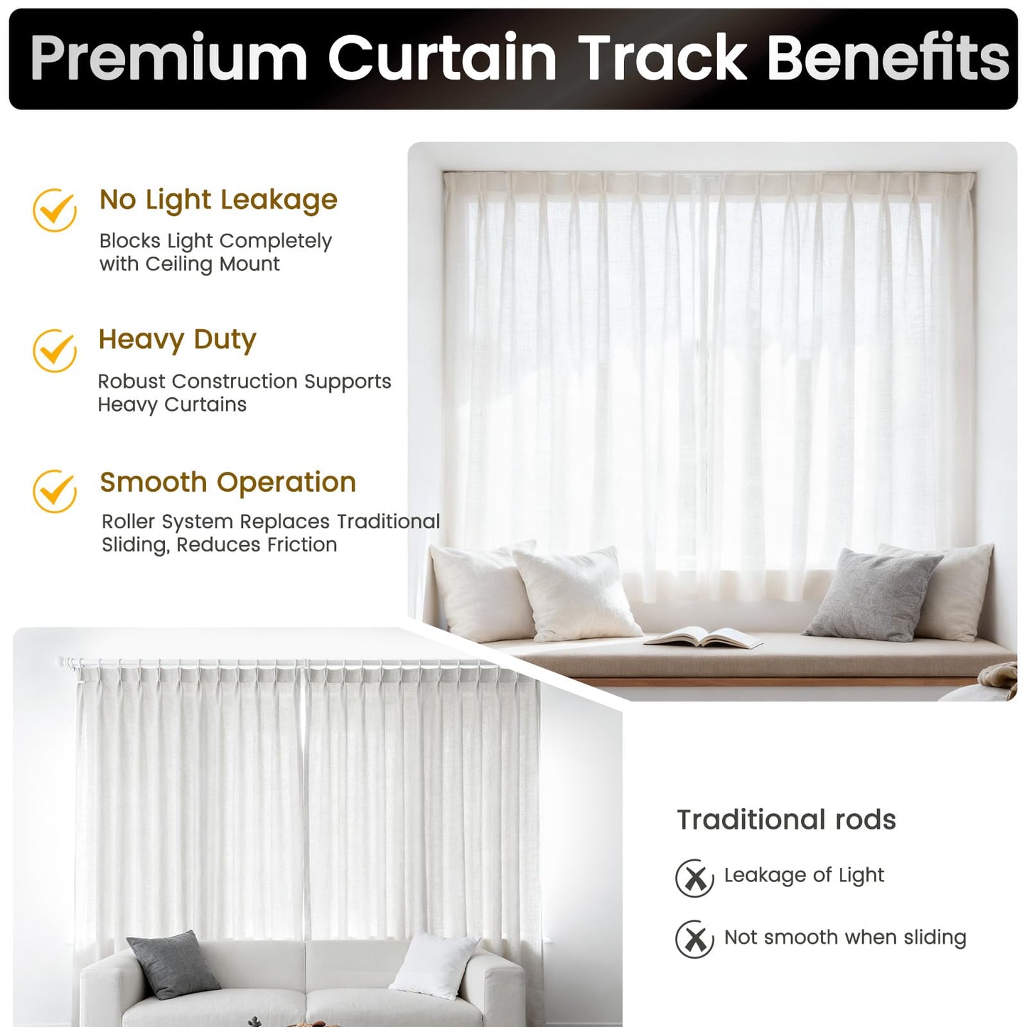 Aluminum 9 ft–12 ft Ceiling Curtain Track Set with 3 Types of Hooks, Adjustable Ceiling/Wall Mount Room Divider Curtain Rail System for Living Room, Bedroom, White