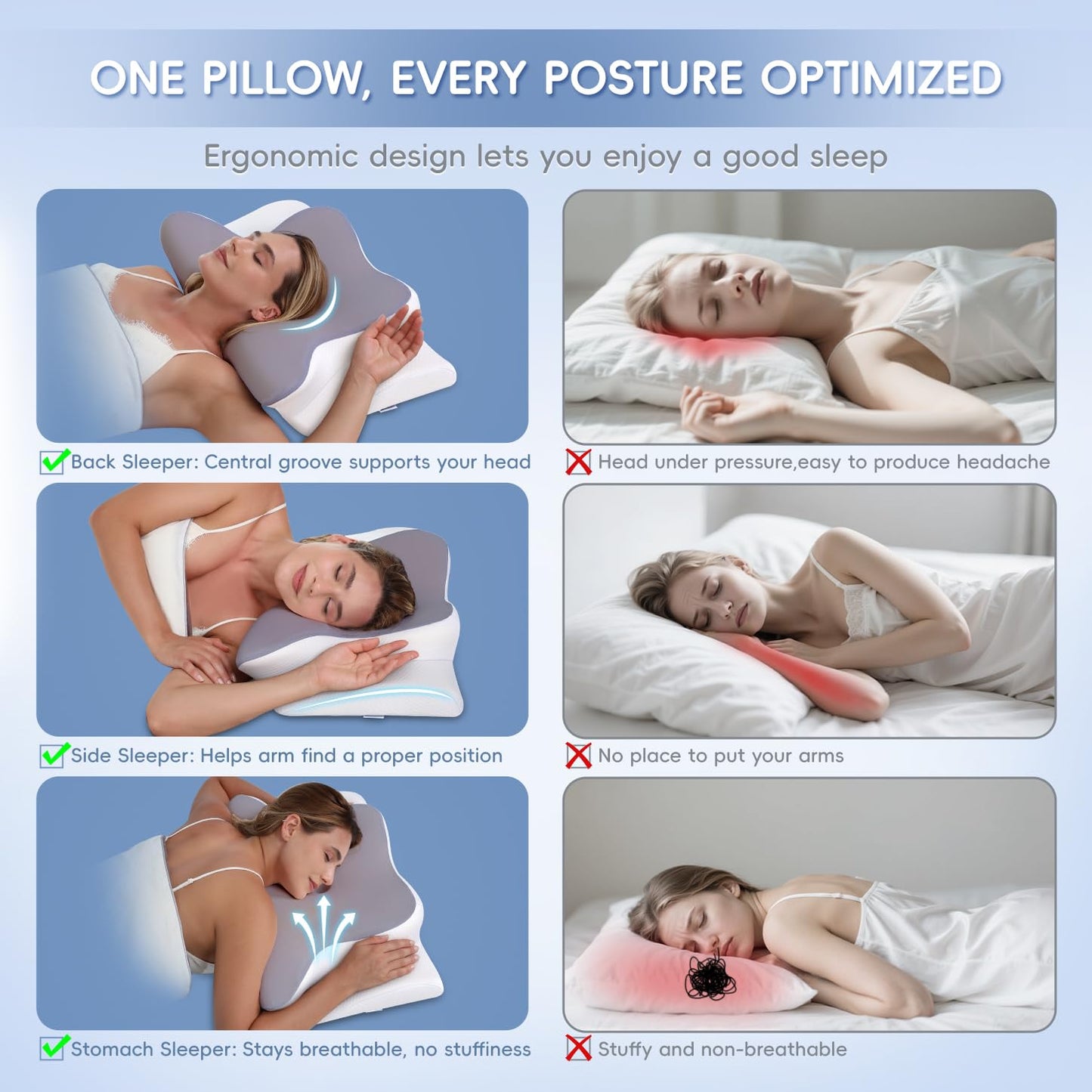 Missleep Cervical Neck Pillow, Memory Foam Pillows for Neck & Shoulder Pain Relief, 2 Heights Ergonomic Pillow with Breathable Ice Silk Cover, Neck Support Pillow for Stomach Sleepers Grey