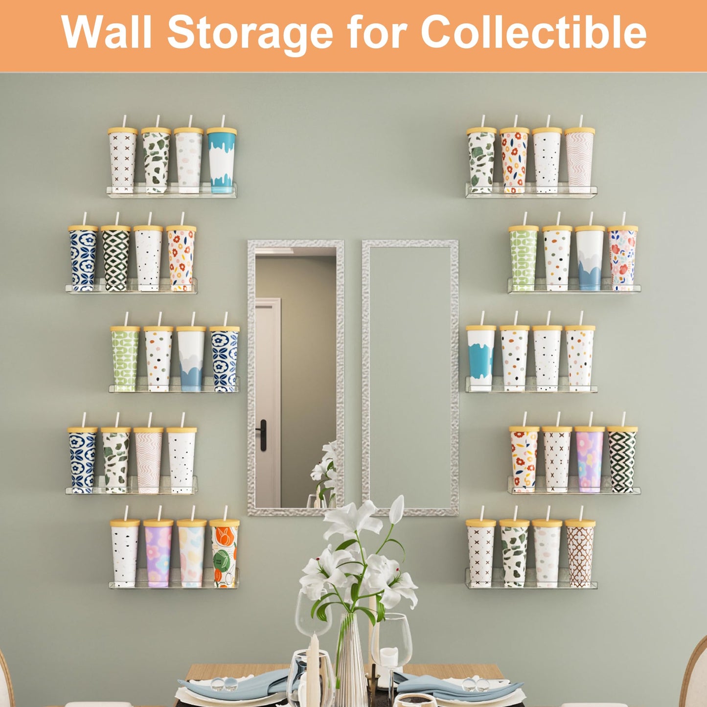 upsimples 16 Pack Acrylic Shelves for Wall Storage, 15" Floating Bookshelves for Kids, Display Shelf Organizer for Bathroom, Bedroom, Living Room, Kitchen, Room Decor, Clear