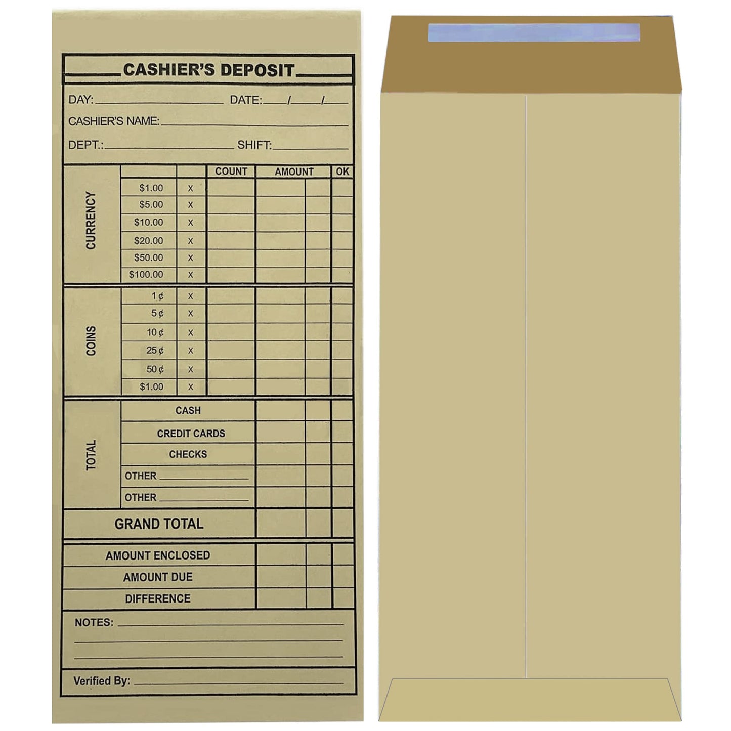 Cashier's Deposit Report Envelopes for Stores, Banks and Retail Businesses (500)