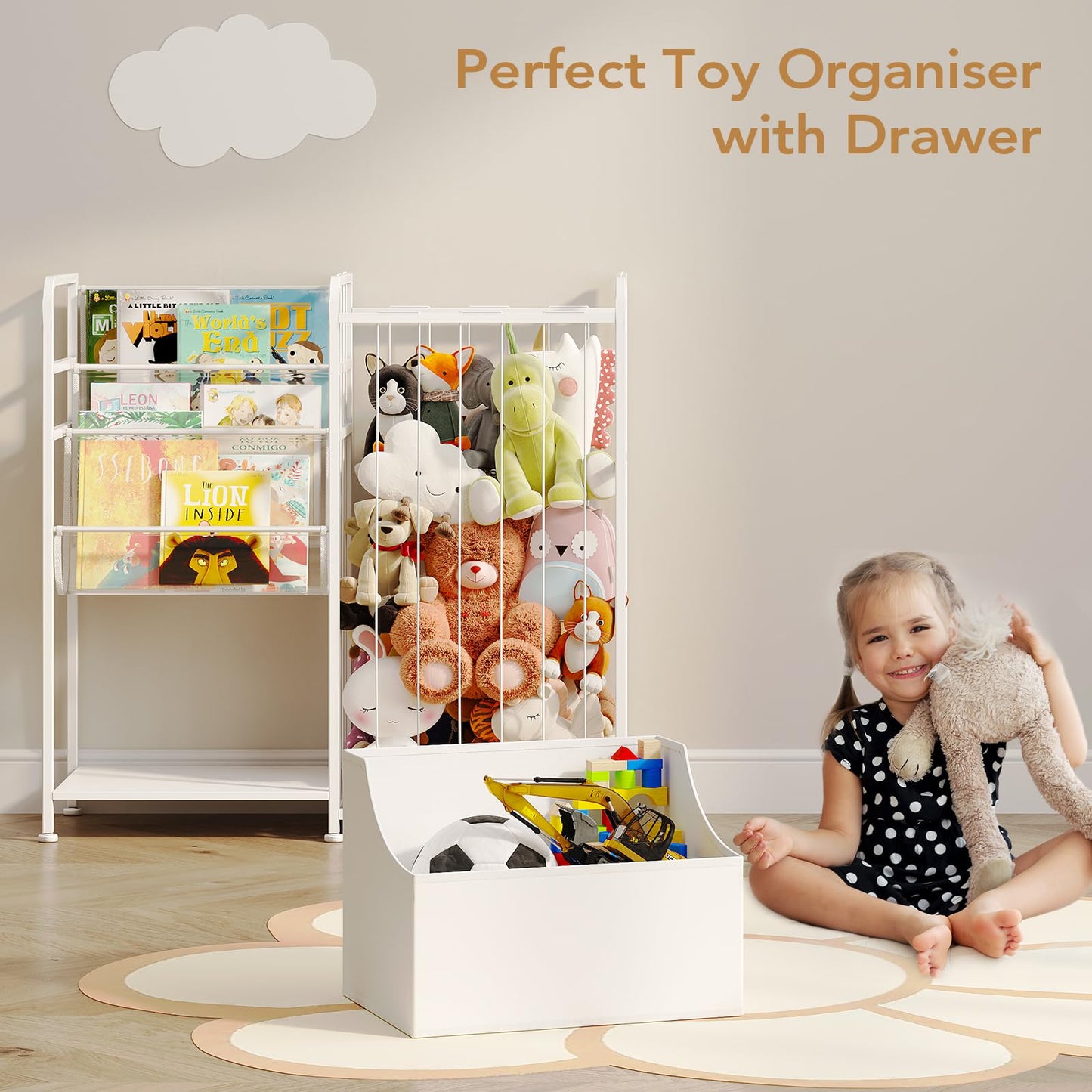 BBLIKE Kids Bookshelf and Stuffed Animal Storage - Multi-Function Nursery Book Shelves with Leather Toy Box and PVC Book Display, Toy Organizer for Playroom, Bedroom, Nursery, White
