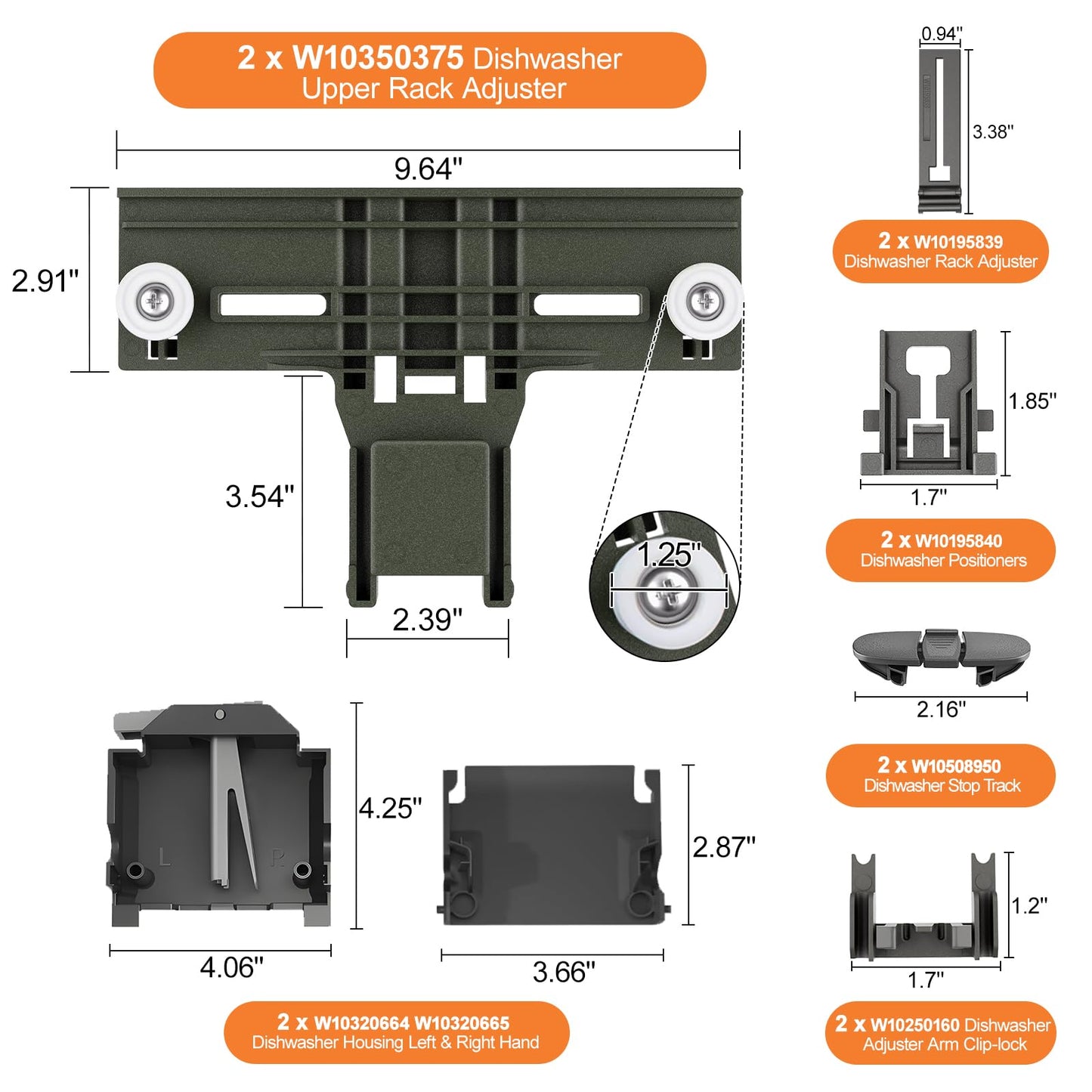 UPGRADED W10350375 Top Rack Adjuster For Whirlpool Dishwasher Top Rack Parts W10712395 WDT970SAHZ0 WDT750SAHZ0 WDT730PAHZ0 Upper Rack Parts, Kenmore Dishwasher Parts, With Dishwasher Adjuster Housing