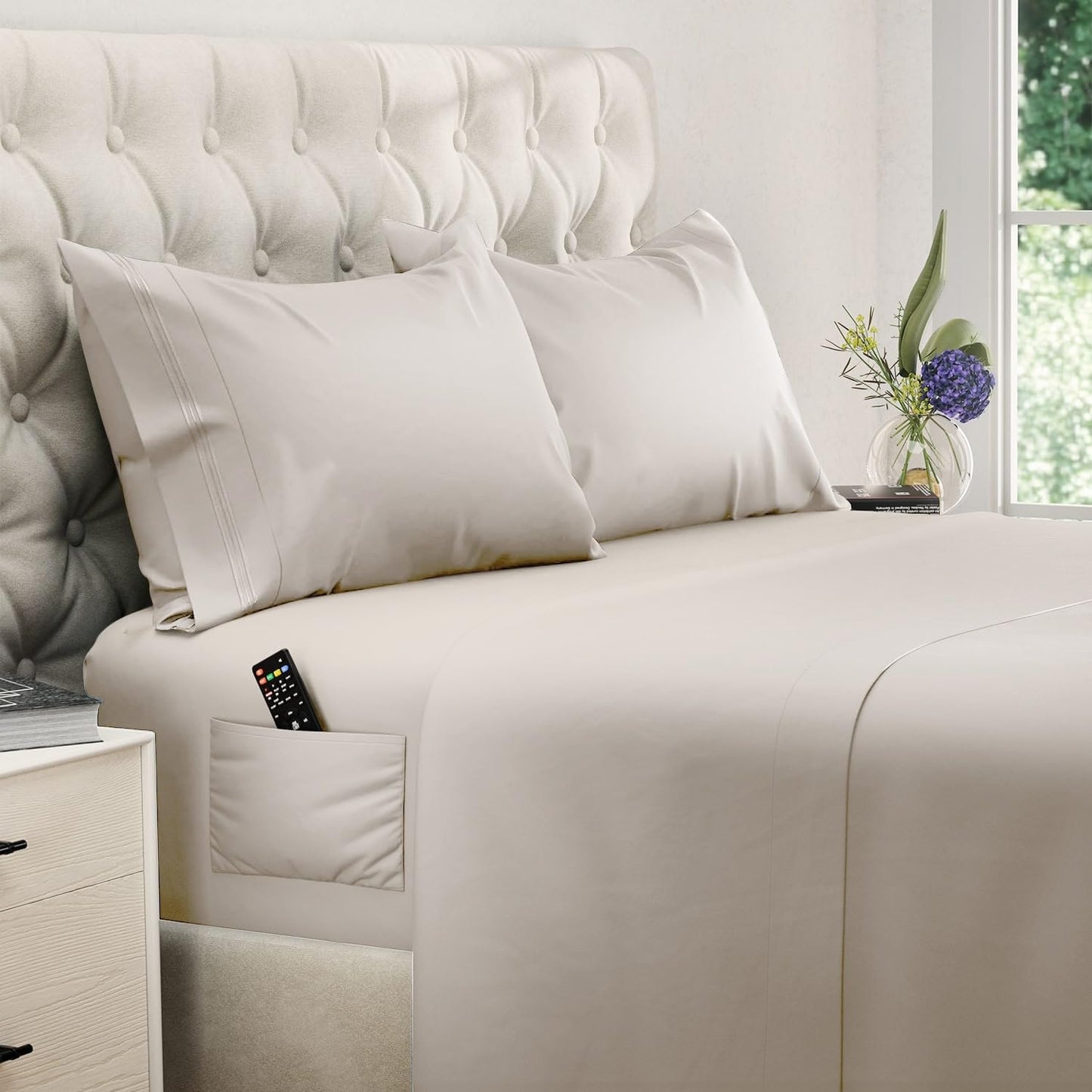 DREAMCARE King Size Sheets Set – 4 pcs Cooling Sheets – up to 21” Deep Pocket King Sheet Set – Hotel Luxury Sheets & Pillowcases – Superior Softness 100% Microfiber with Side Pocket - Beige