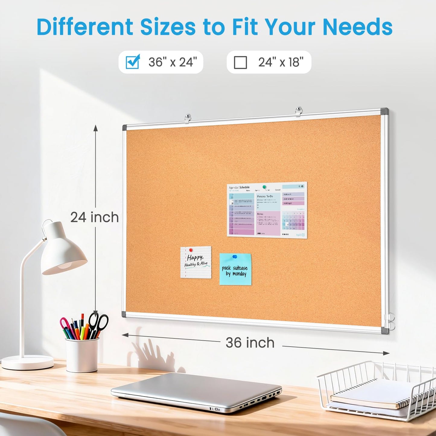 Double-Sided Cork Bulletin Board for Wall, WALGLASS 36" x 24" Hanging Wall Mounted Notice Board, Pin Display Vision Cork Board, Aluminium Framed Large Message Corkboard for Office, Home, School