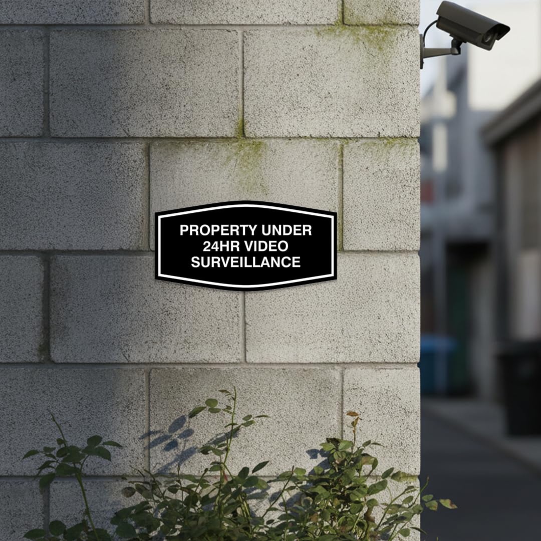 All Quality Fancy Property Under 24Hr Video Surveillance Sign | Property Security Sign with Easy Installation | 24/7 Security Monitoring (Black/Gold) - Small 5 Pack