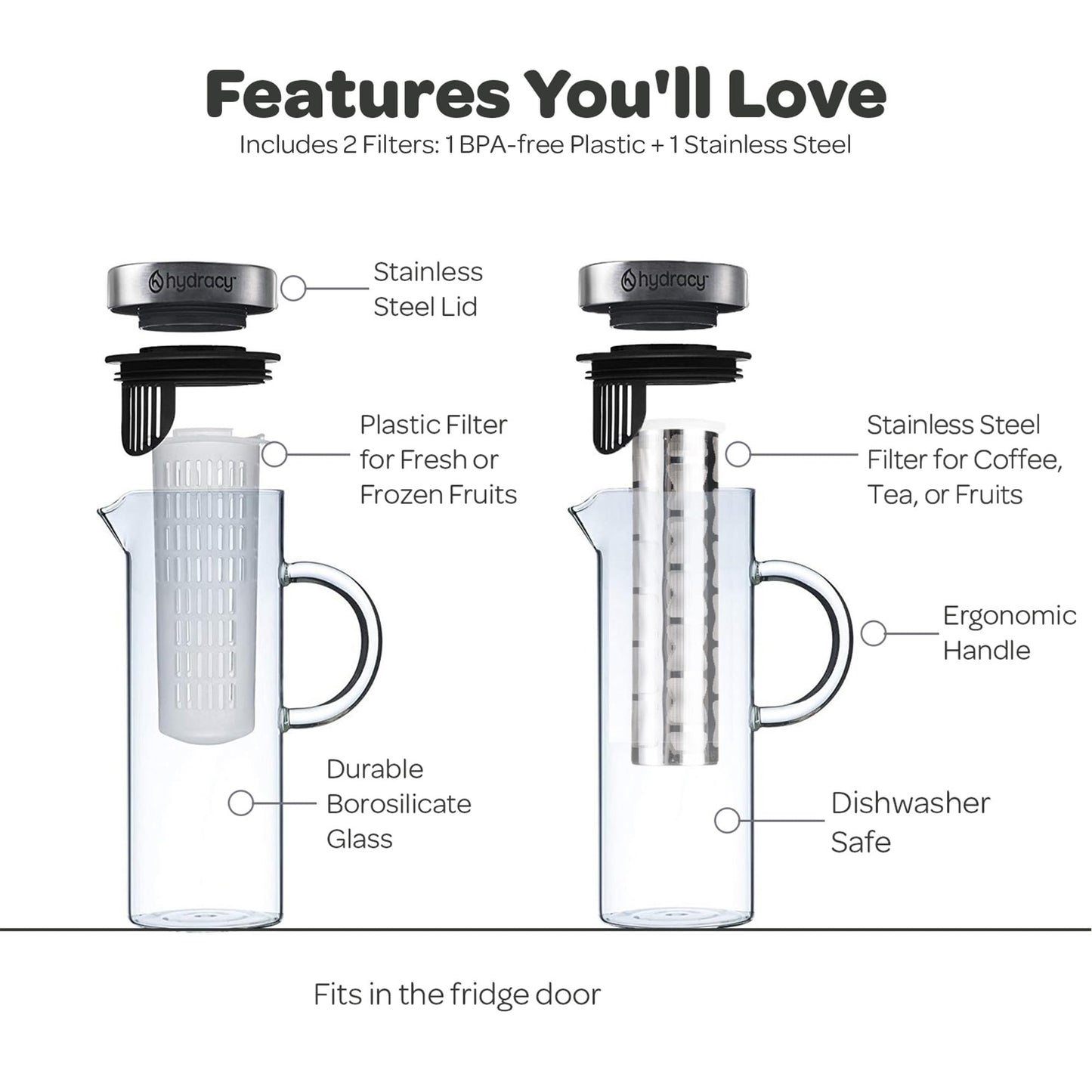 Cold Brew Coffee Maker - Large Glass Infusion Pitcher 1.6 Quarts 52oz - Iced Coffee & Iced Tea Pitcher with Stainless Steel Lid & Fruit Infusion Tube - Perfect for Home or Office