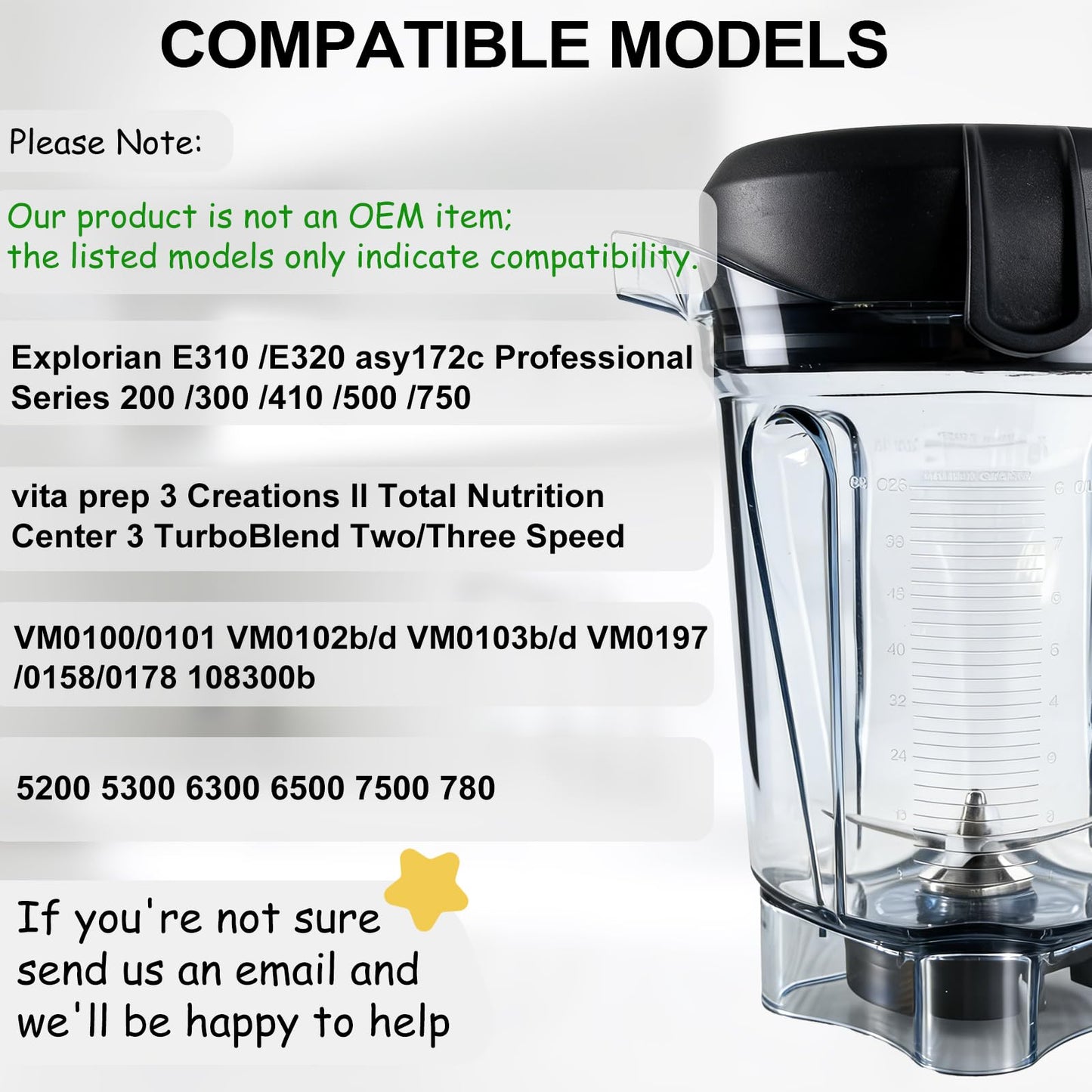 Blender Pitcher 64oz Low-Profile, Replacement Pitcher for 750 5200 7500 6300 Vm0103 Vm0197 E310 G/Classic C/Explorian/Commercial series etc