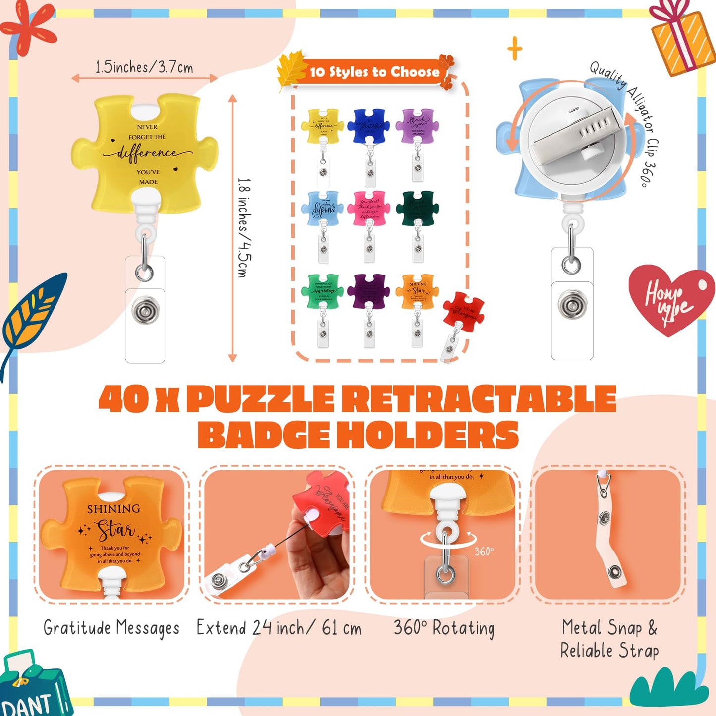 ReliThick 40 Set Employee Appreciation Gifts Bulk, Puzzle Badge Reel with Thank You Cards, Retractable ID Badge Holder for Nurse Teacher Staff Team Coworker Hospital School CNA Week (10 Styles)