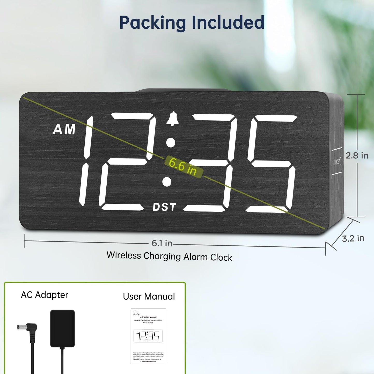 DreamSky Wooden Digital Alarm Clock with Wireless Charging for Bedroom, Bedside Nightstand Clock with Charger Station, USB Port, Large Numbers, Adjustable Volume, Brightness Dimmer, DST