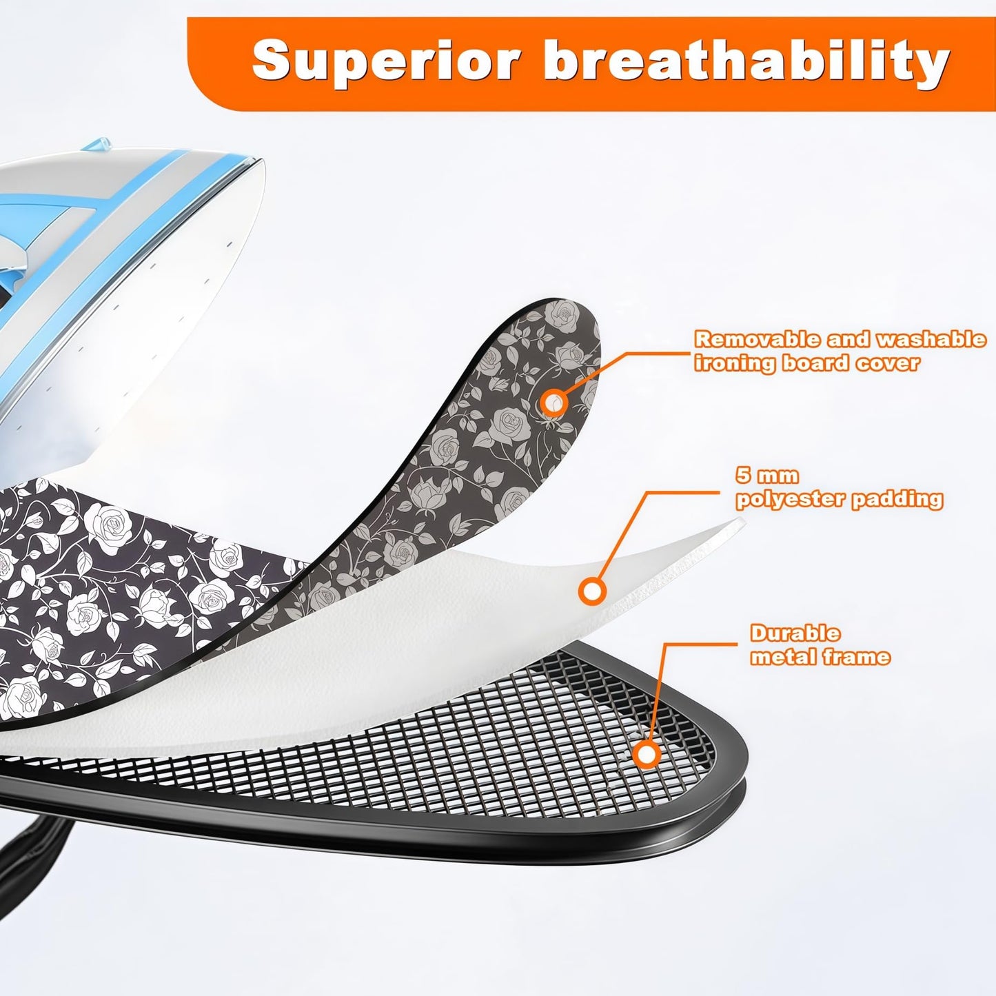 HLILBTE Ironing Board, Compact Ironing Board 13x43 Ironing Area with Extra Thick Height Adjustable Ironing Boards, Stable Structure, Easy to Fold,Silicone Iron pad