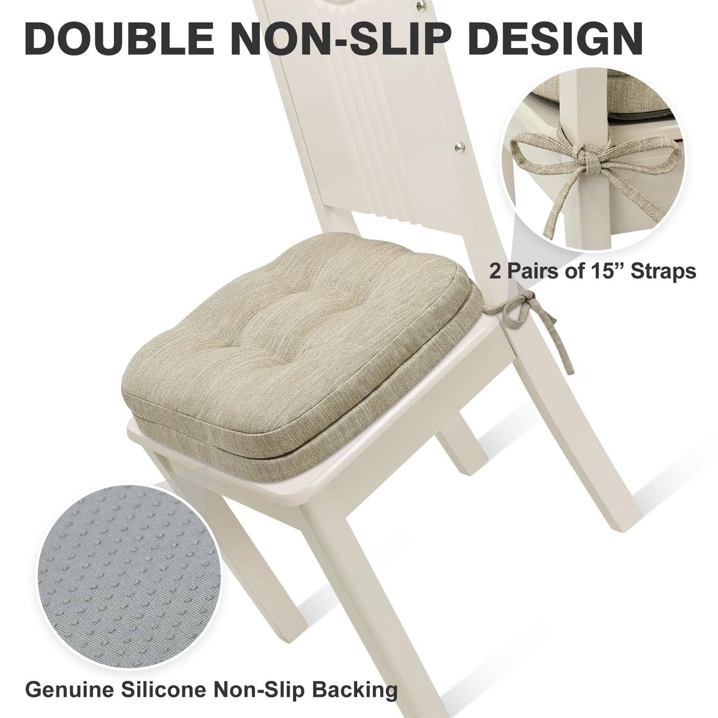 Shinnwa Dining Chair Cushions Set of 4, Dual-Layer Memory Foam Kitchen Chair Cushions, Patented Design Seat Pads with Ties, 16.5 x 16.5 x 3.5in, 4 Pack, Beige