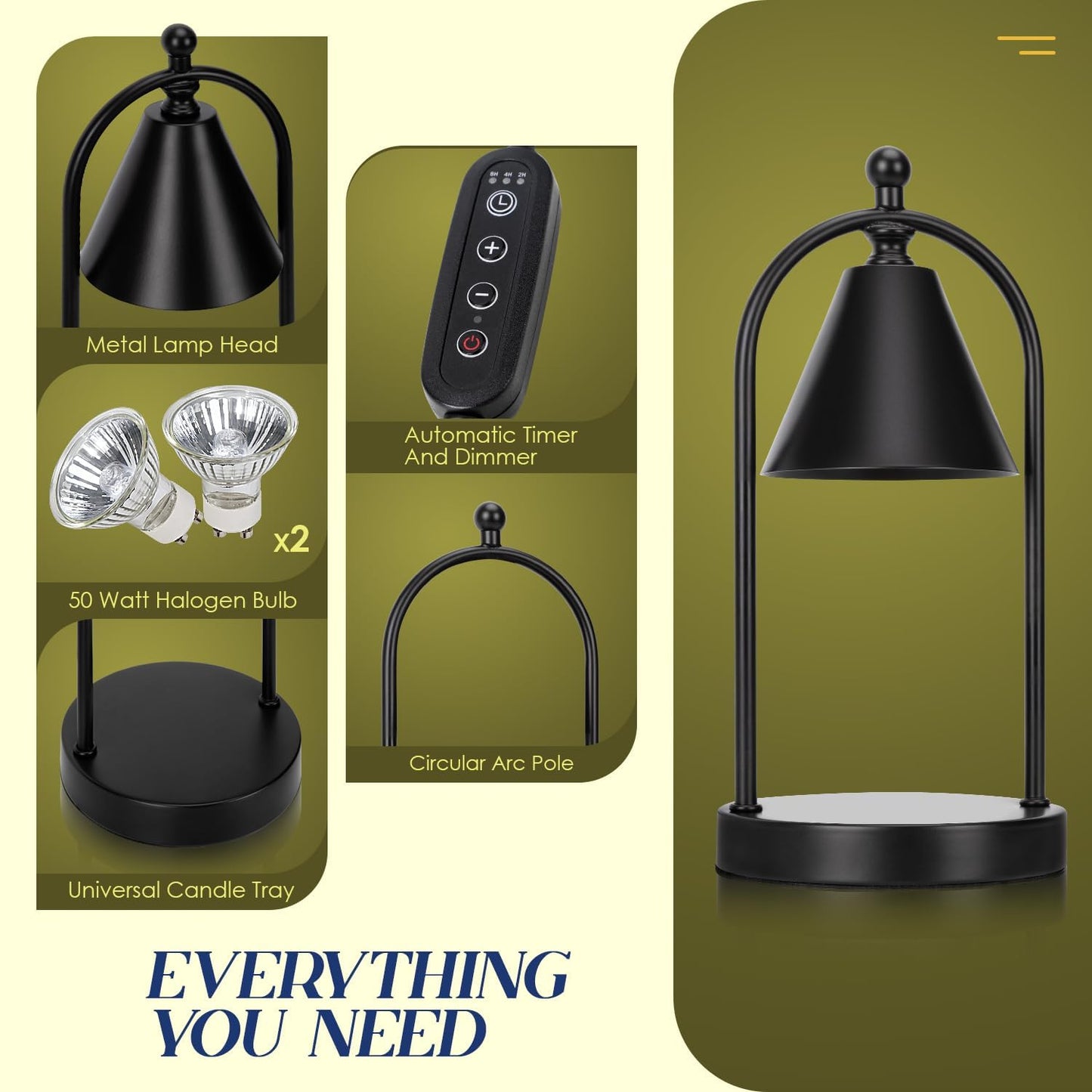Soilsiu Candle Warmer Lamp with Timer, Electric Black Candle Warming Light for Bedroom, Dimmable Wax Melts Warmer for Home Decor Beside Lamp Gifts for Women (2 Bulbs Included)