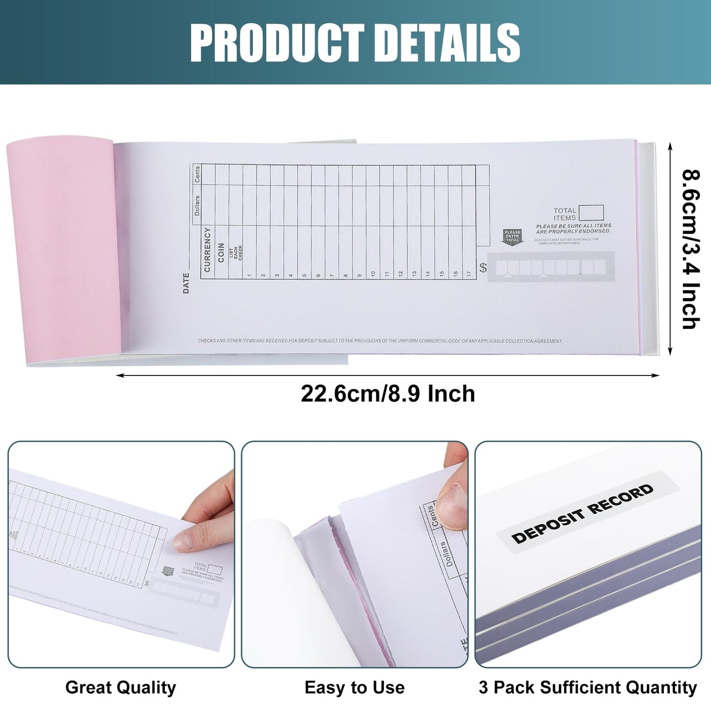 Gilprop 3 Pack 2-Part Booked Deposit Tickets 8 7/8" x 3 3/8" Carbonless White/Yellow 150 Deposit Slips Per Book Icr Scannable Design for Accurate Bank Processing