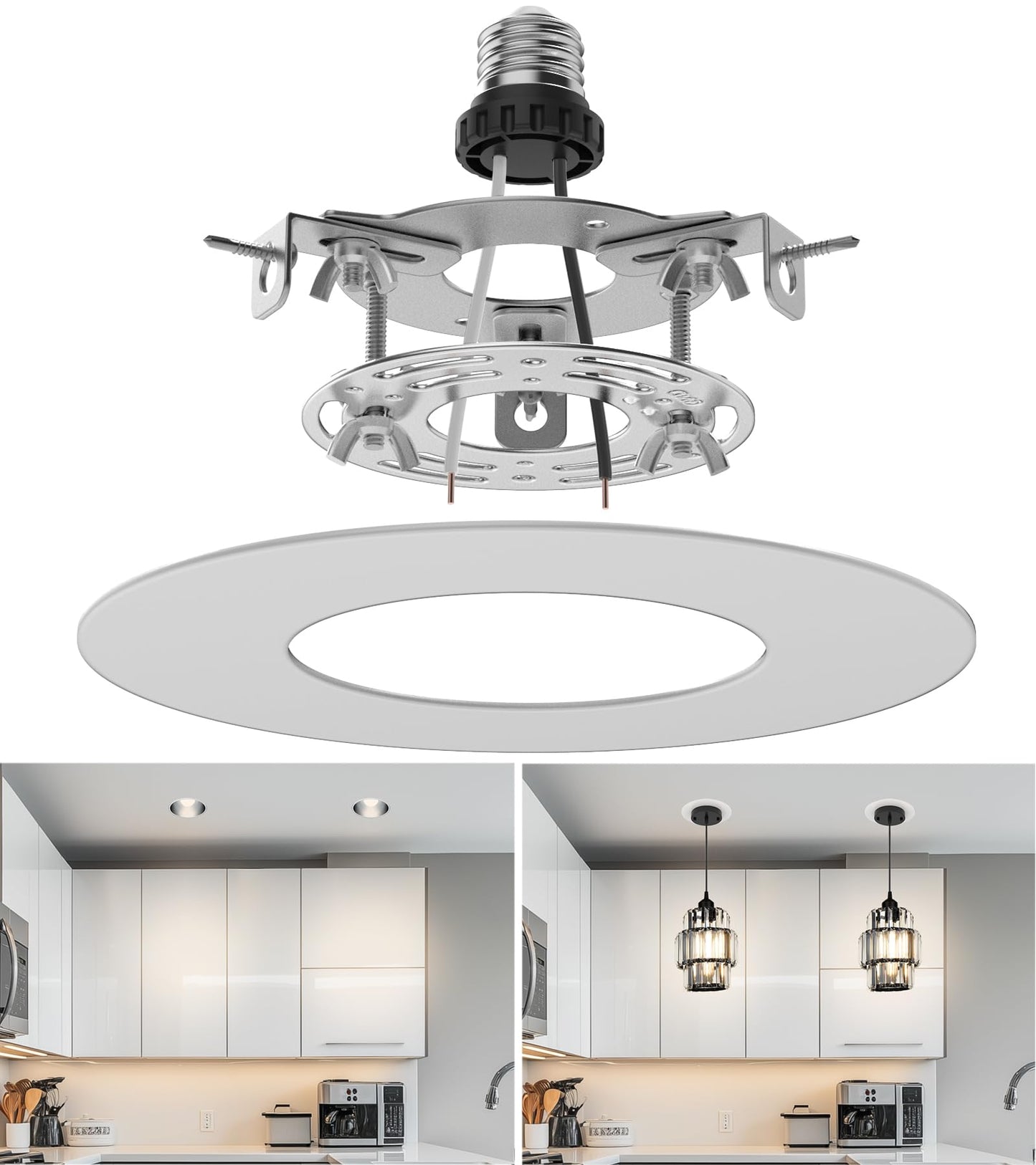 tebio Recessed Can Light Conversion Kit for 5" and 6" Ceiling Fixtures - Pendant/Hanging Light Upgrade, Compatible with Ceiling Fans, Includes 7¾" Flat Steel Medallion, White Finish