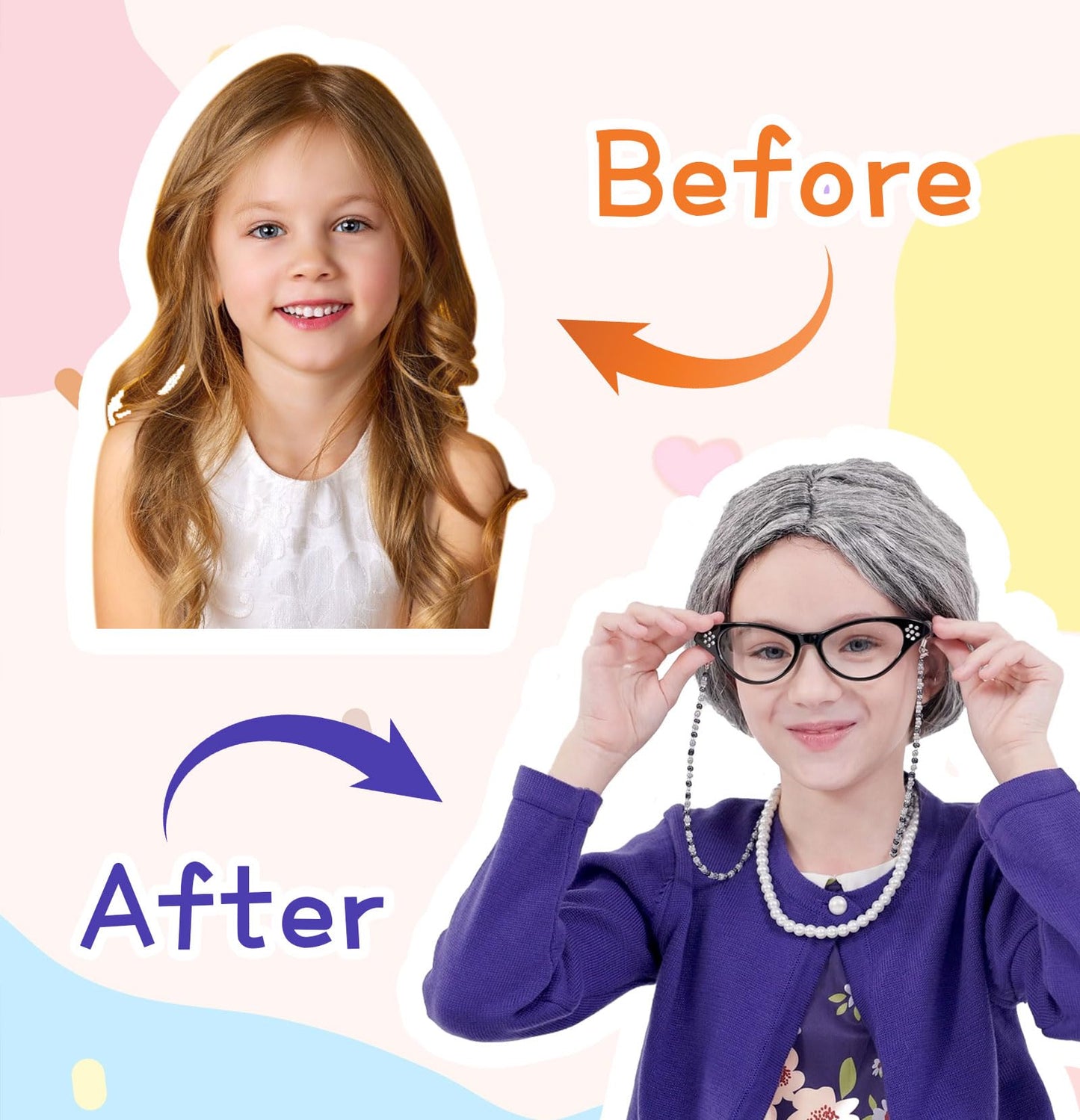 100 Days of School Old Lady Costume for Kids Girls,100th Day Old Lady Wig Granny Grandma Dress Up