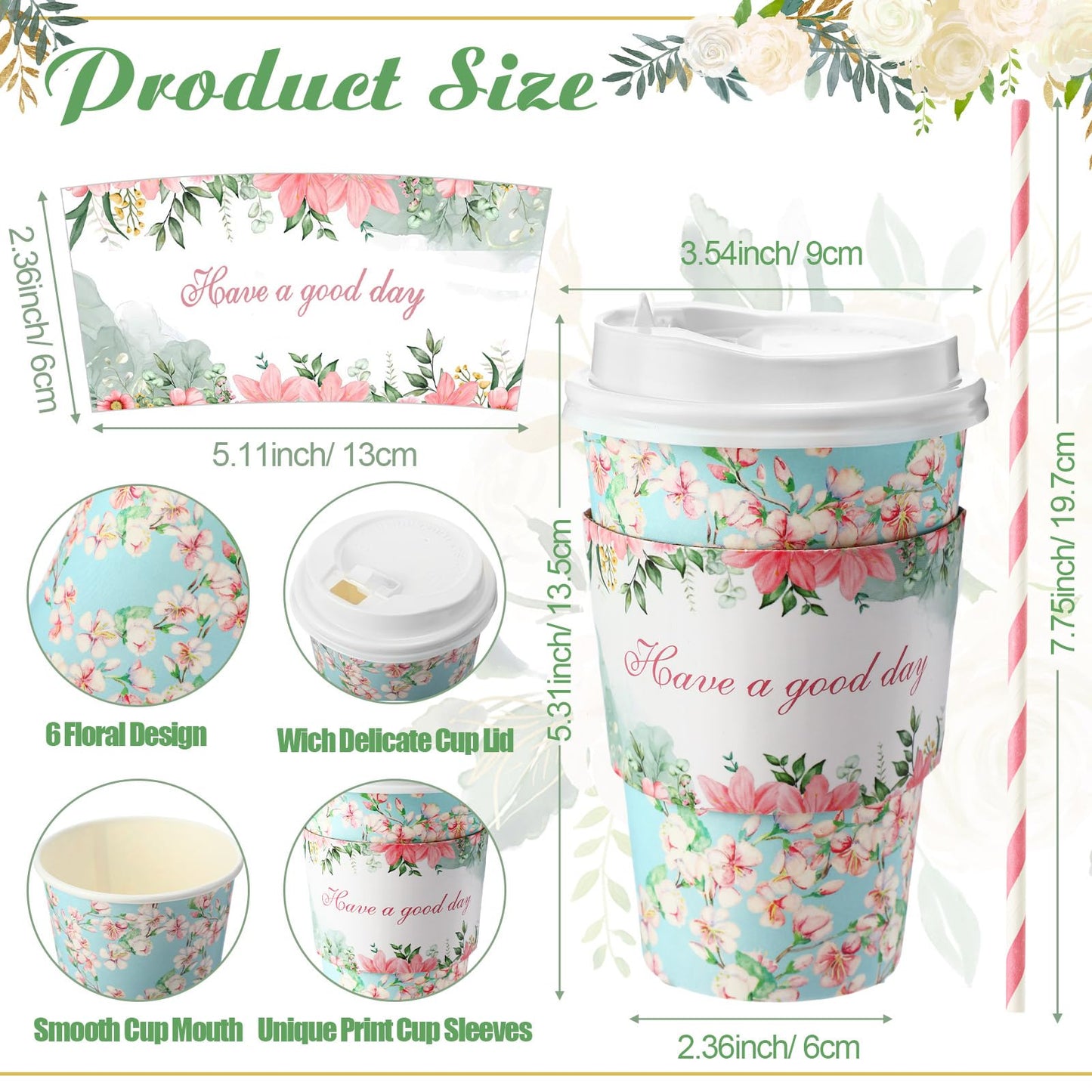 Jingmore 120 Set 16oz Disposable Paper Coffee Cups with Lids Sleeves Straws Holiday Paper Drinking Cups Bulk for Hot Cold Beverages Home Business Cafe Birthday Party Supplies (Floral)