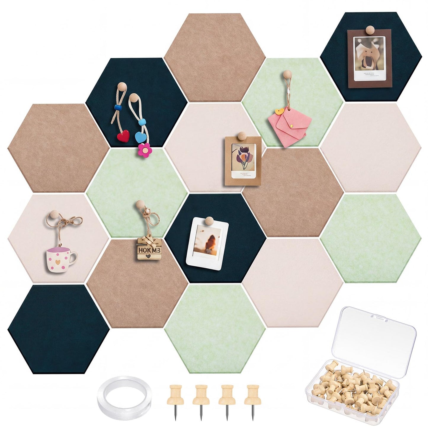 Mindsoft 16 Pcs Hexagon Cork Board for Walls with 50 Wooden Push Pins 12x10 in Felt DIY Tiles Notice with Nano Tape Hanging Bulletin Board for Home Photo Office Memo Note (Green)