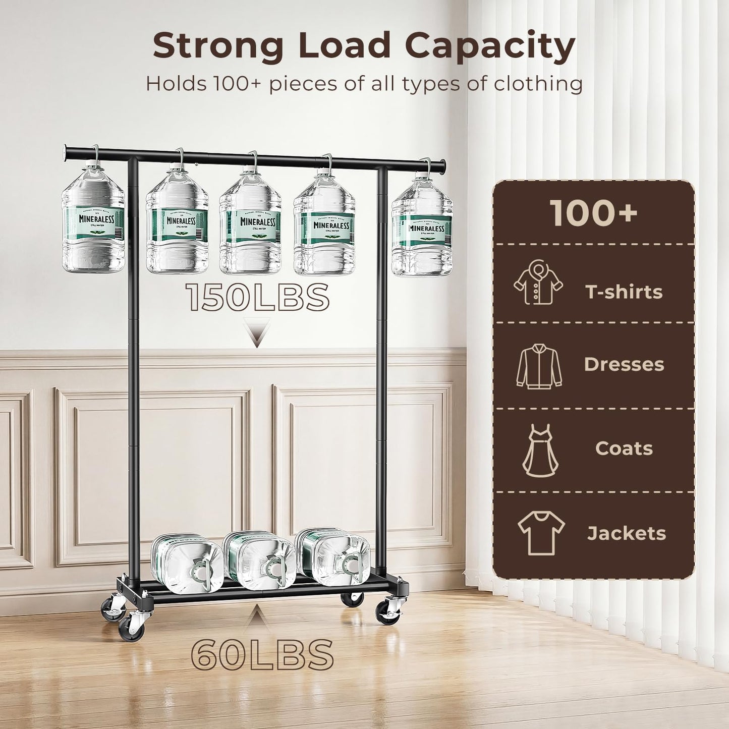JIEJIERUI Clothing Rack for Hanging Clothes, 45" Wide Rolling Clothes Rack, Metal Garment Hanger Rack with Wheels, Portable Coat Rack Wardrobe Rack for Bedroom Laundry, Black