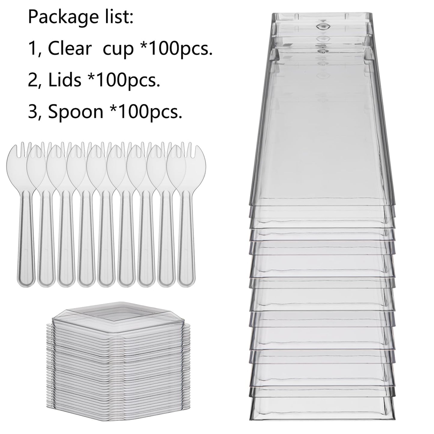 Toowood 300 Pack 100 Set Clear Dessert Cups with Lids and Spoons, 5.4oz Mini Dessert Cups Reusable Square Parfait Cup for Party Appertizer, Christmas