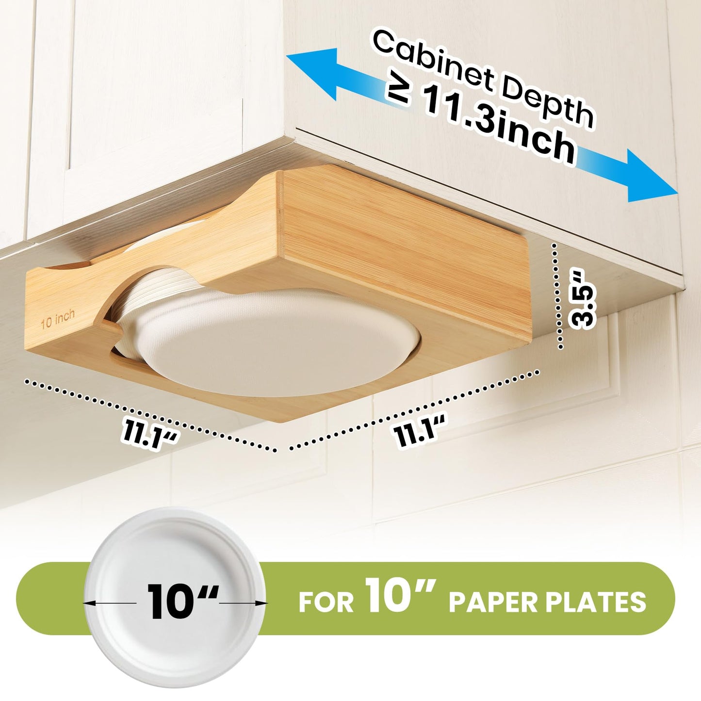 CKIU 10-inch Paper Plate Dispenser Under Cabinet, Bamboo Paper Plate Holders, Kitchen Counter Vertical Plate Dispensers Holders Countertop Caddy(For 10-inch Plates, Bamboo)