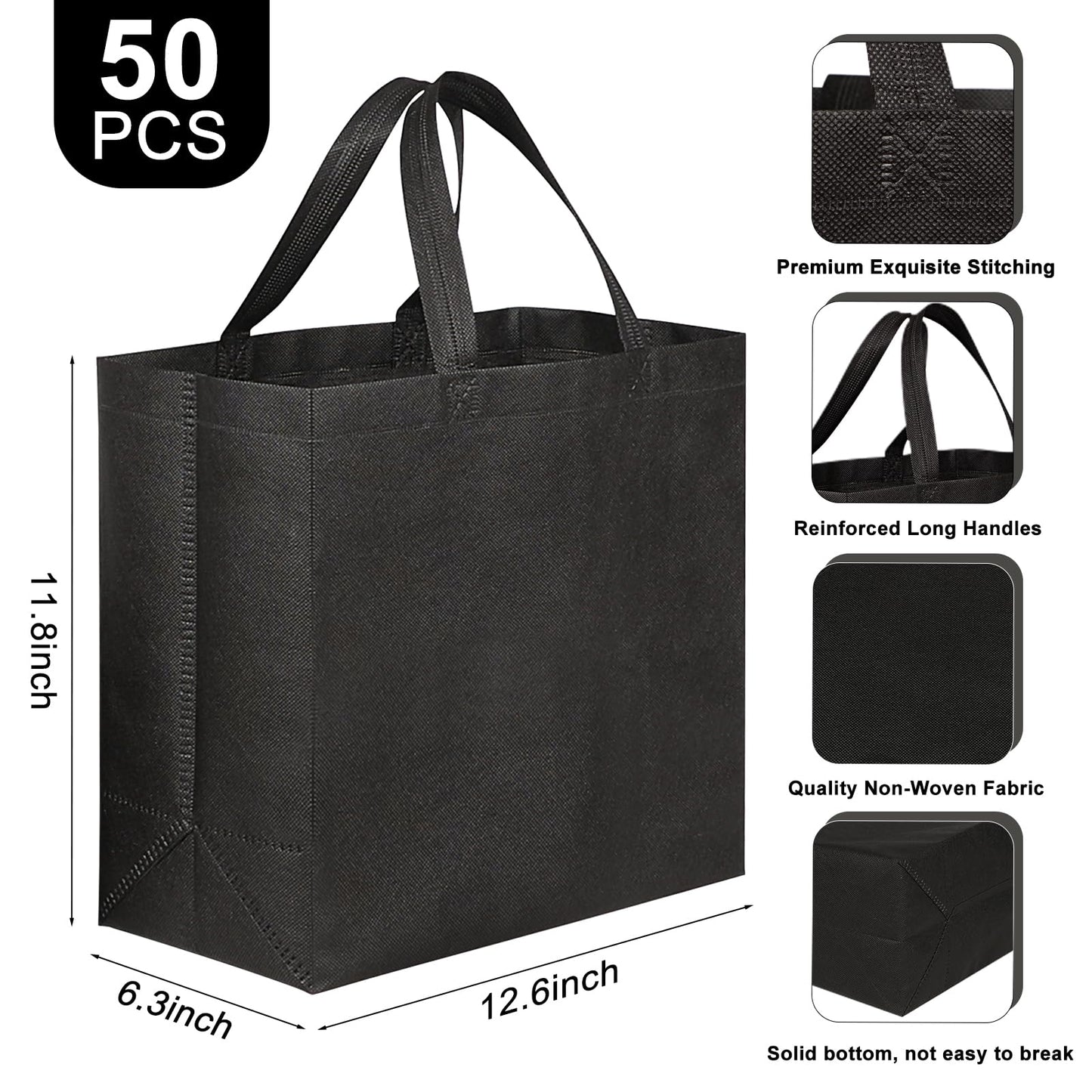 JERIA 50 Pack Black Reusable Totes Bag with Reinforced Handles Non Woven Bulk Shopping Bags