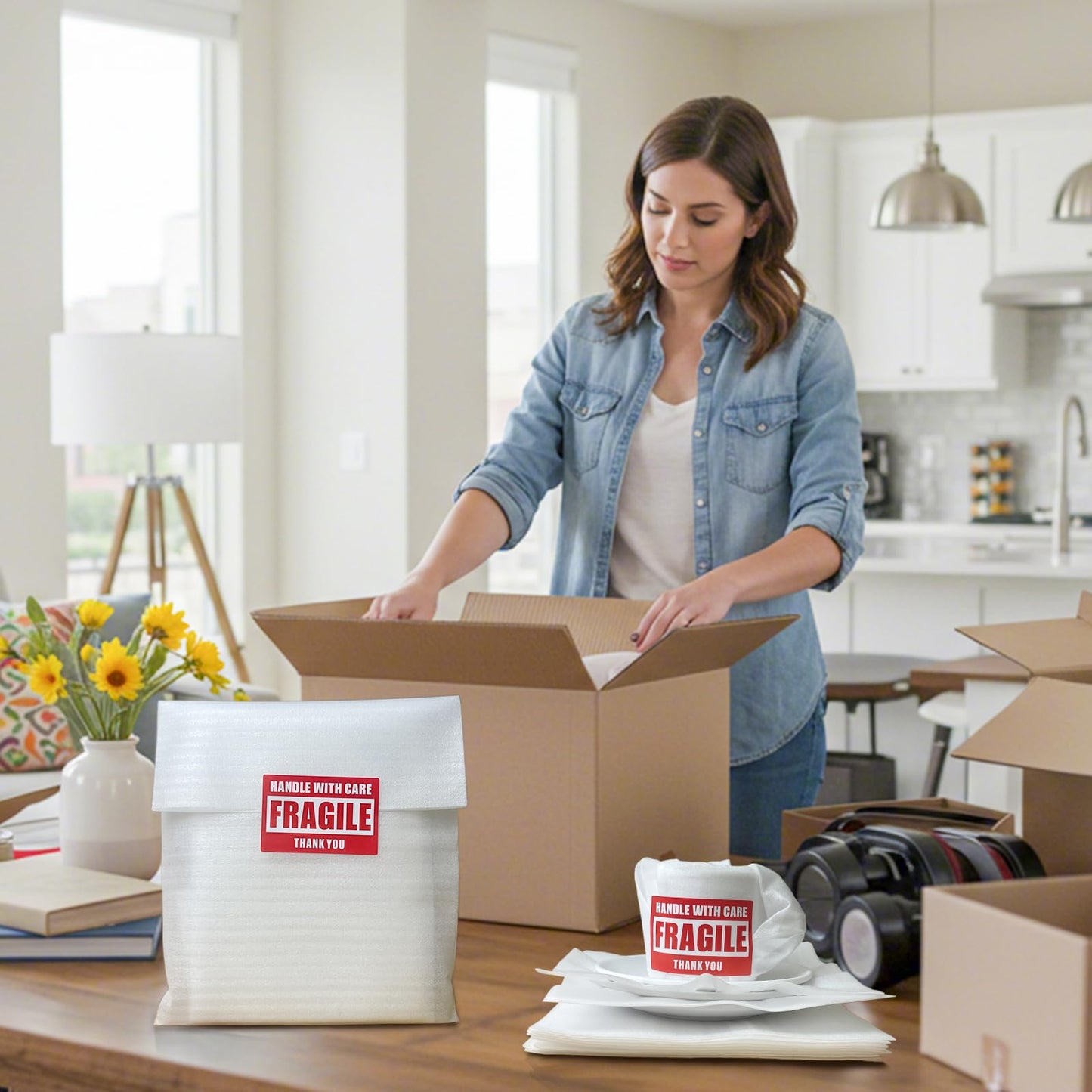 350 Pcs Dish Packing Supplies for Moving, 250 Cushion Foam Pouches and Sheets, 4 Sizes (16x12'', 12x12'', 12x8'', 8x8'') with 100 Fragile Stickers, Foam Pouches for Packing, Storage, Shipping