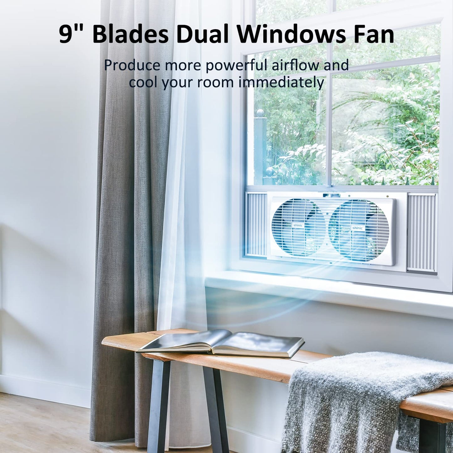 shinic 9" Dual Window Fan with Manual Reversible Airflow, 2-Speeds Twin Fans, Expandable Panels (22"-33"), Built-in Handle & Removable Feet, Ideal for Home, Kitchen, Bedroom, Office Ventilation