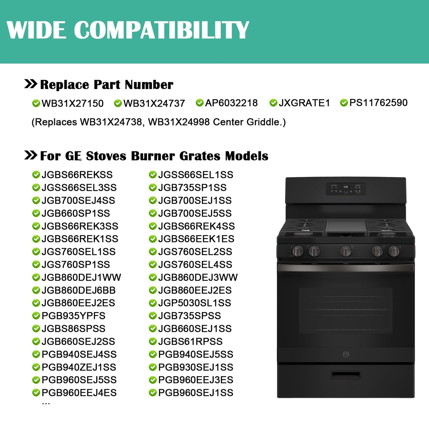 WB31X27150 Cast Iron Burner Grate Replacement for GE Stove Parts JGBS66REKSS JGB700SEJ4SS JGSS66SEL1SS JGSS66SEL3SS, WB31X24737 Center Burner Grate Surface Cooktop for General Electric Gas Range Parts